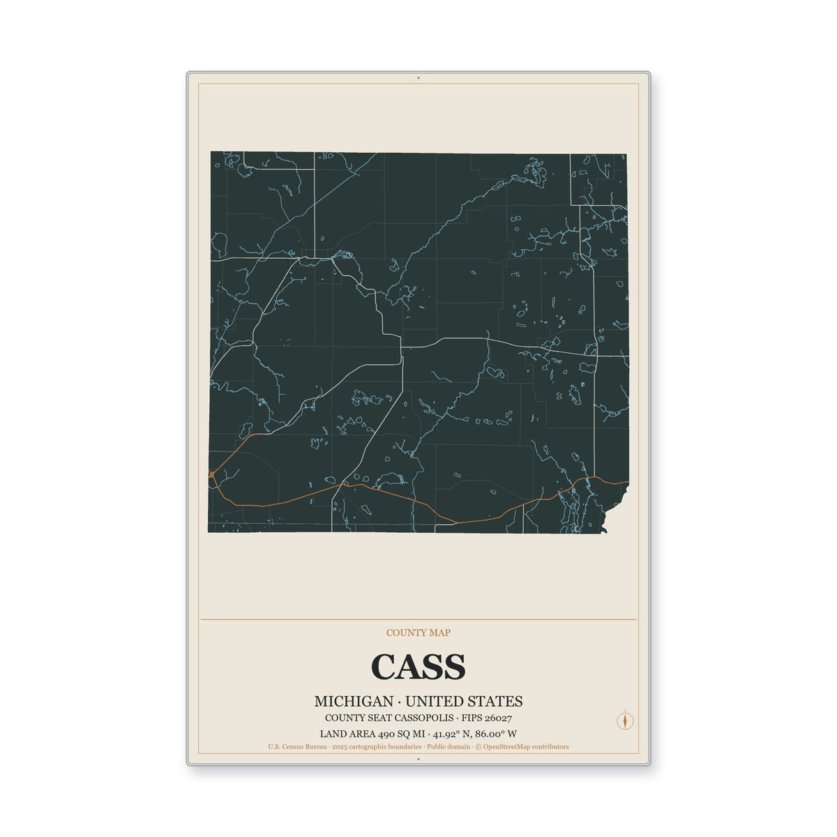 Cass County, Michigan Map Aluminum Sign in Headline Atlas style