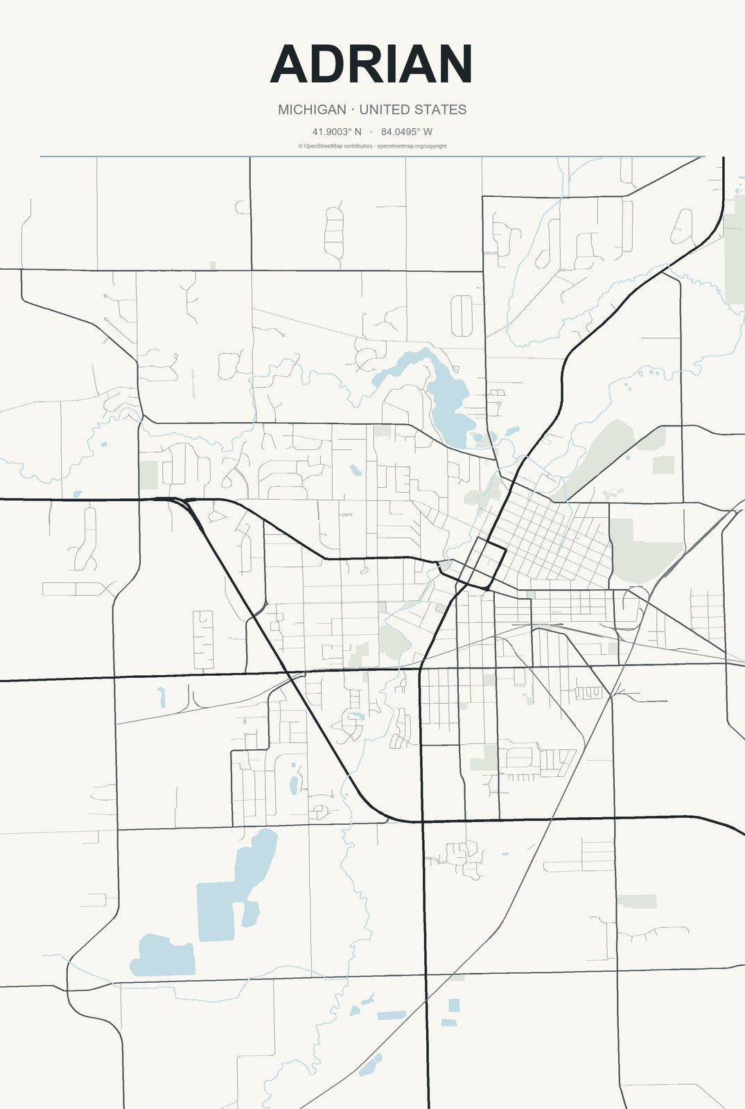 Adrian, Michigan City Map Aluminum Sign in Headline Atlas style