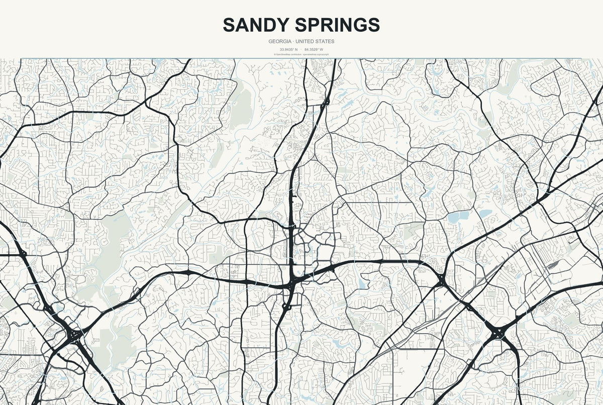 Sandy Springs, Georgia City Map Aluminum Sign in Headline Atlas style