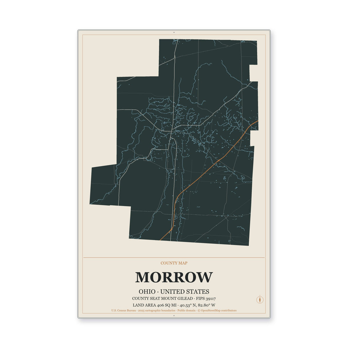 Morrow County, Ohio Map Aluminum Sign in Headline Atlas style