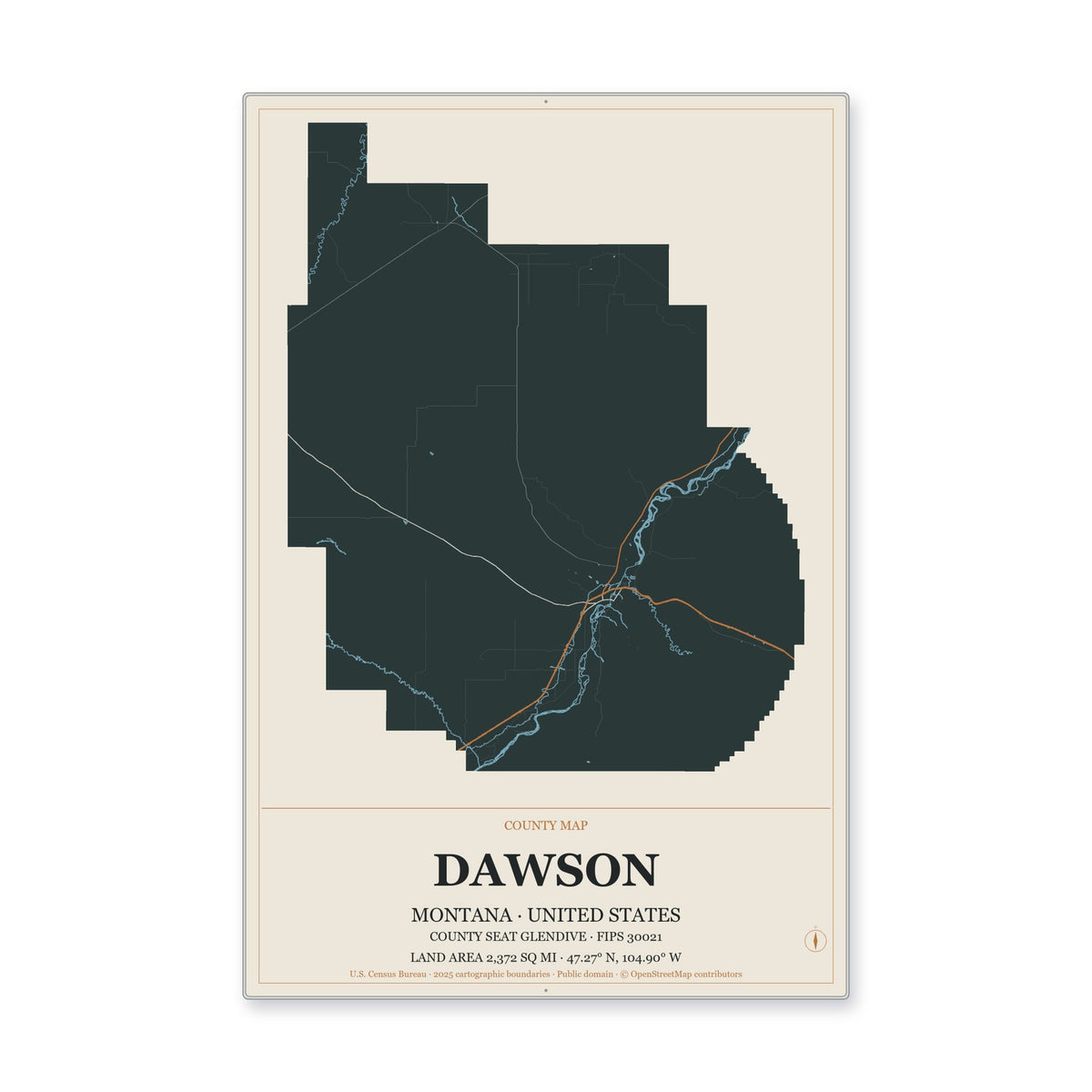 Dawson County, Montana Map Aluminum Sign in Headline Atlas style