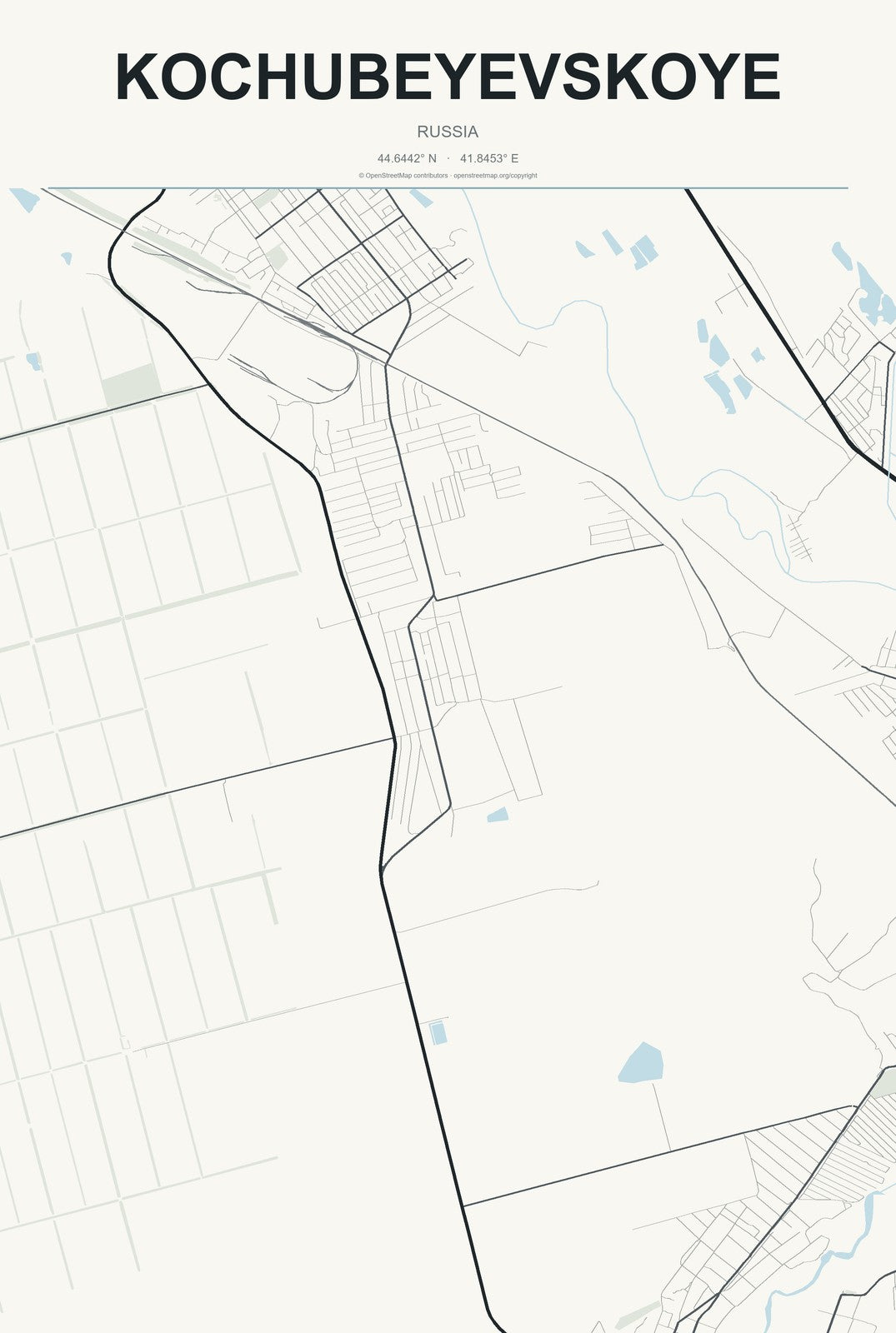Kochubeyevskoye, Russia City Map Aluminum Sign in Headline Atlas style