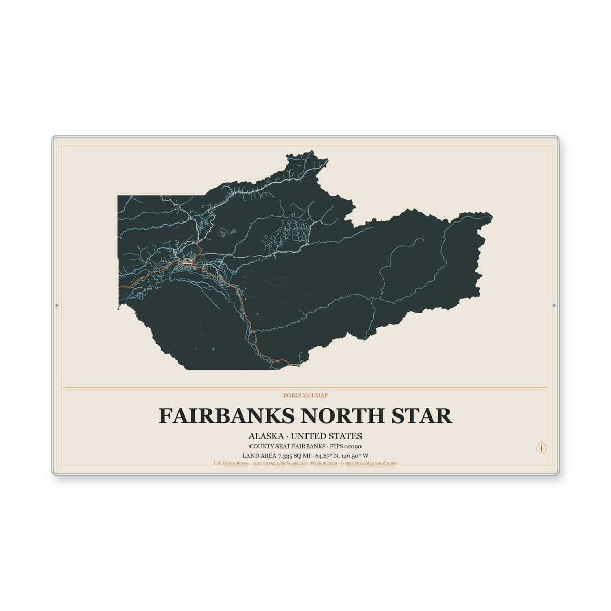 Fairbanks North Star Borough, Alaska Map Aluminum Sign in Headline Atlas style