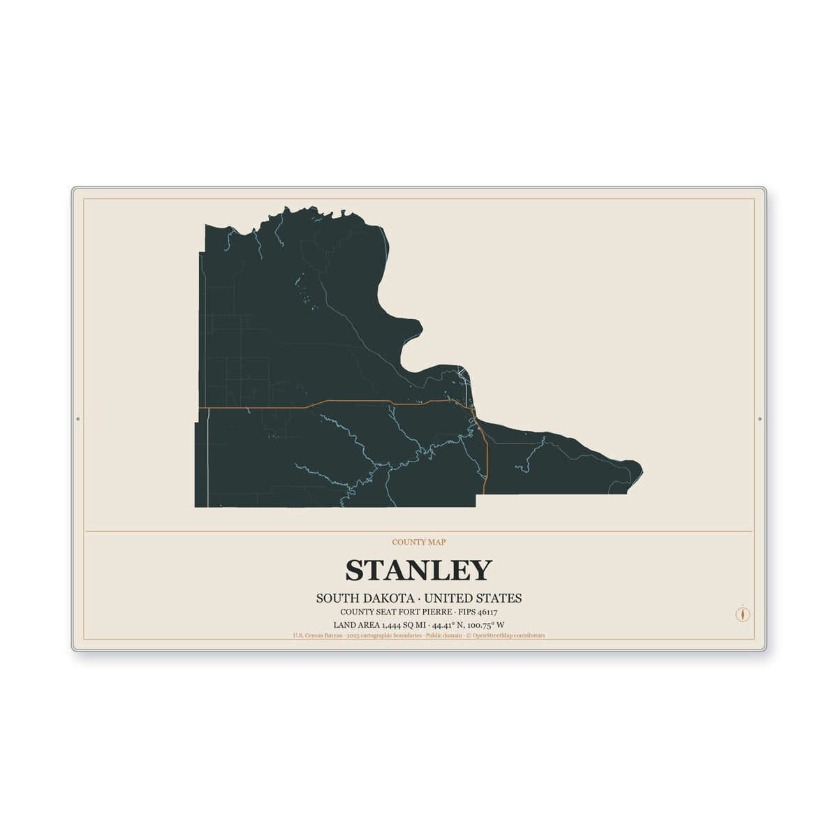 Stanley County, South Dakota Map Aluminum Sign in Headline Atlas style