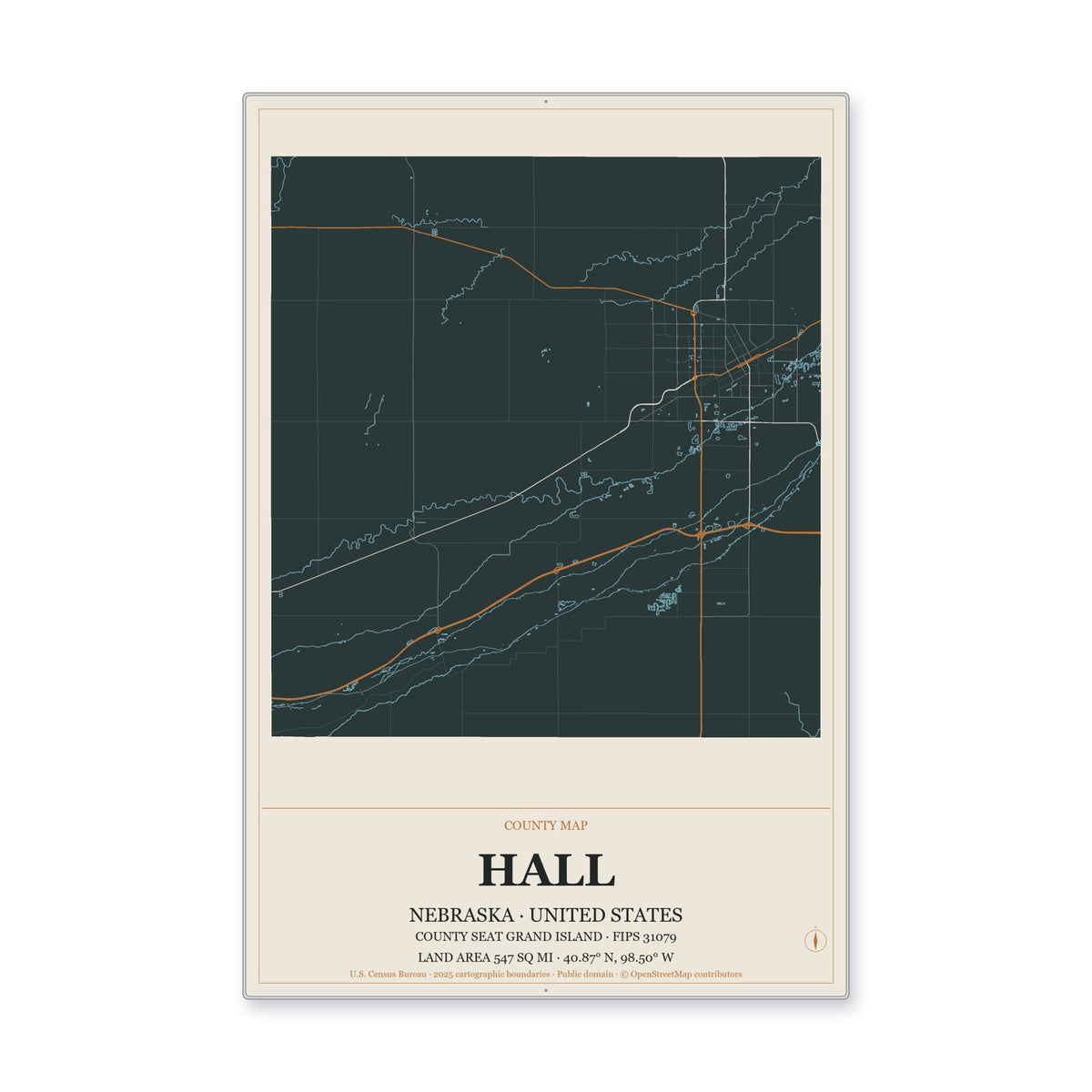 Hall County, Nebraska Map Aluminum Sign in Headline Atlas style