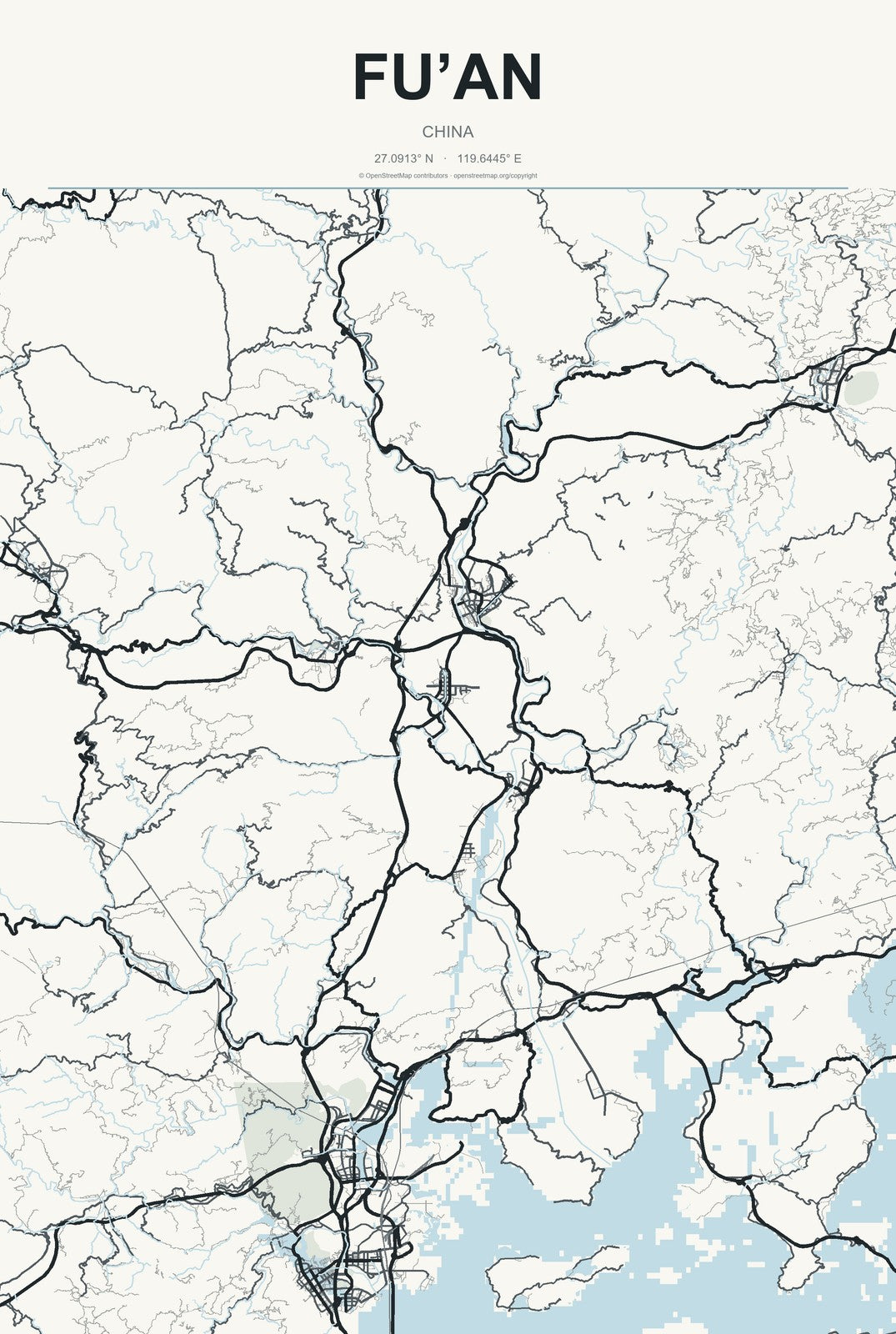 Fu’an, China City Map Aluminum Sign in Headline Atlas style