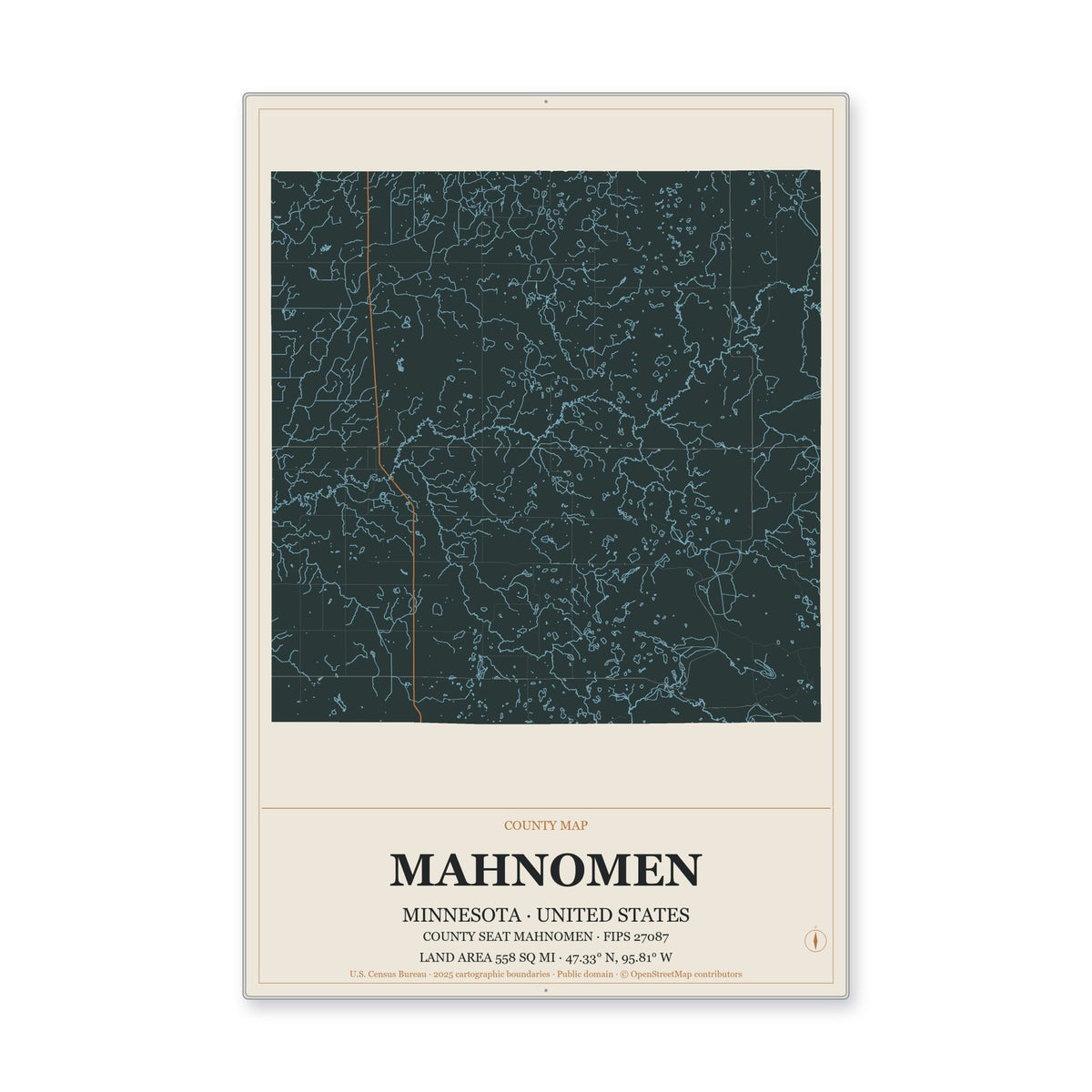 Mahnomen County, Minnesota Map Aluminum Sign in Headline Atlas style