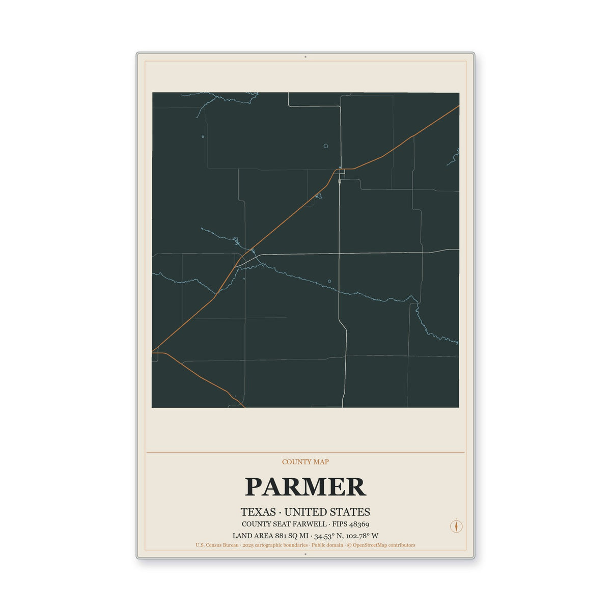 Parmer County, Texas Map Aluminum Sign in Headline Atlas style