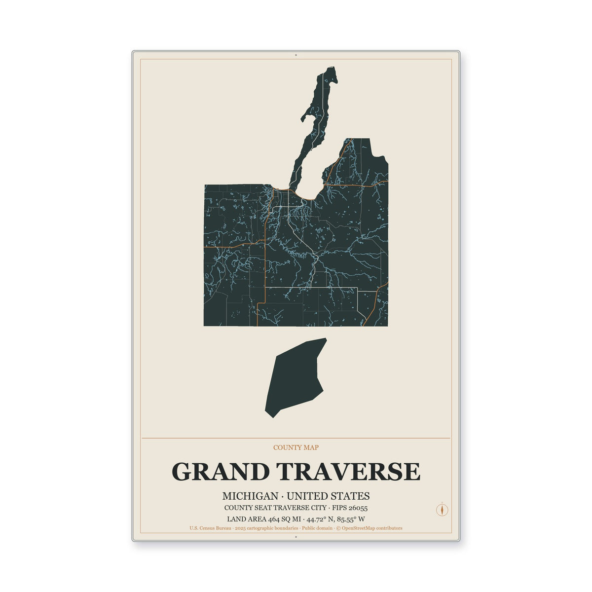 Grand Traverse County, Michigan Map Aluminum Sign in Headline Atlas style