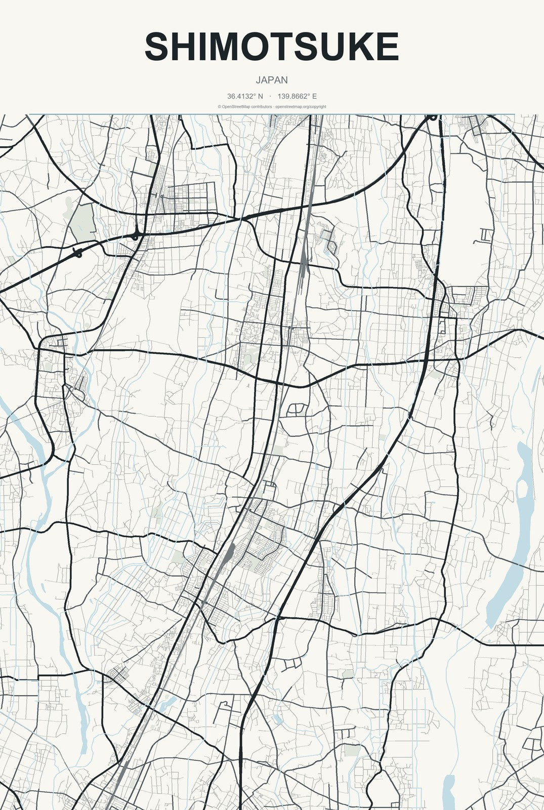 Shimotsuke, Japan City Map Aluminum Sign in Headline Atlas style