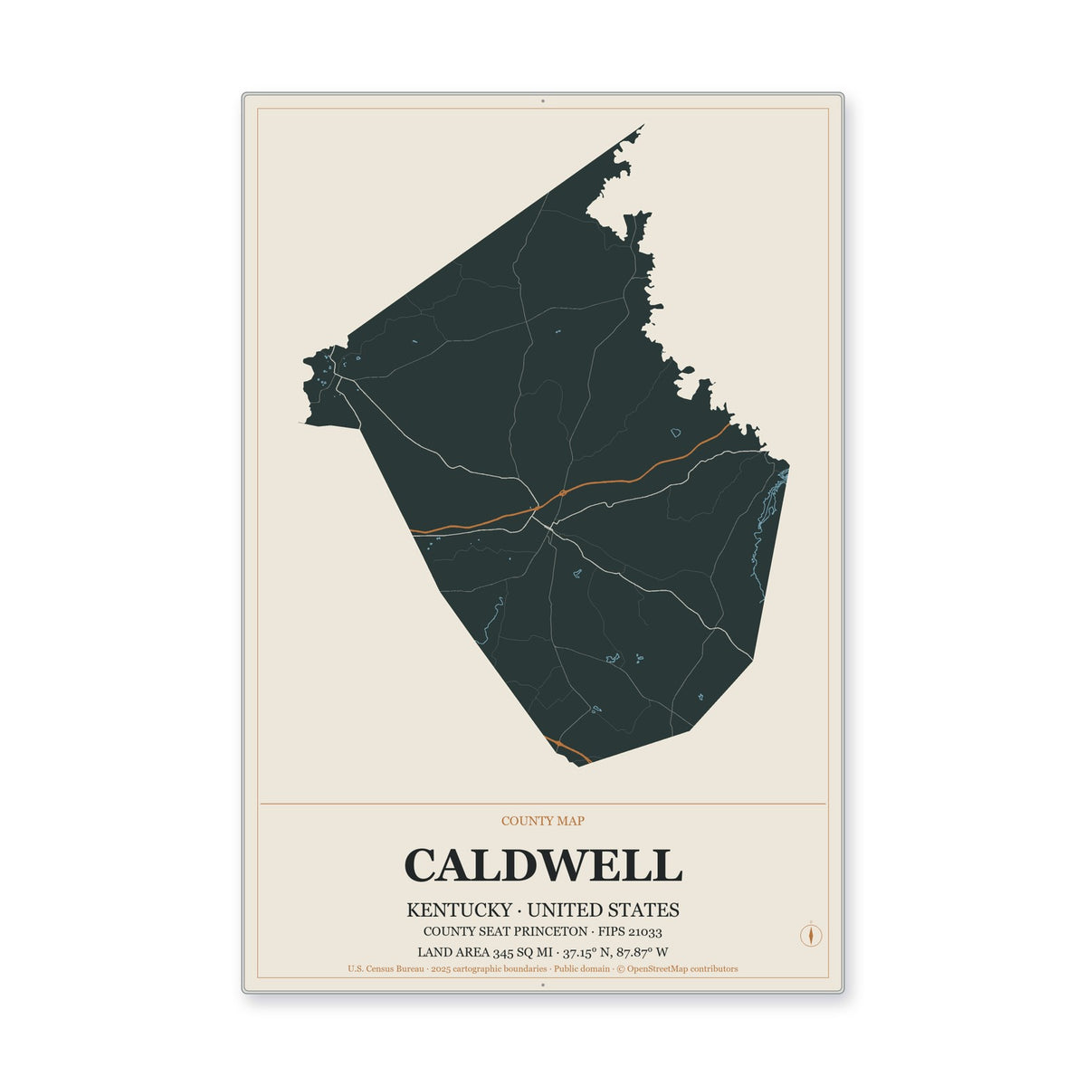 Caldwell County, Kentucky Map Aluminum Sign in Headline Atlas style