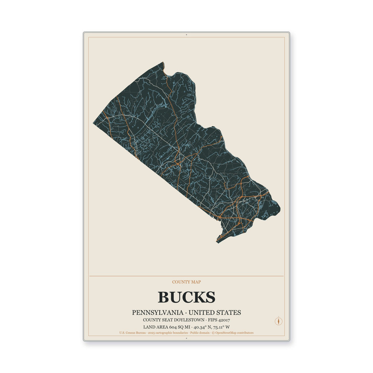 Bucks County, Pennsylvania Map Aluminum Sign in Headline Atlas style