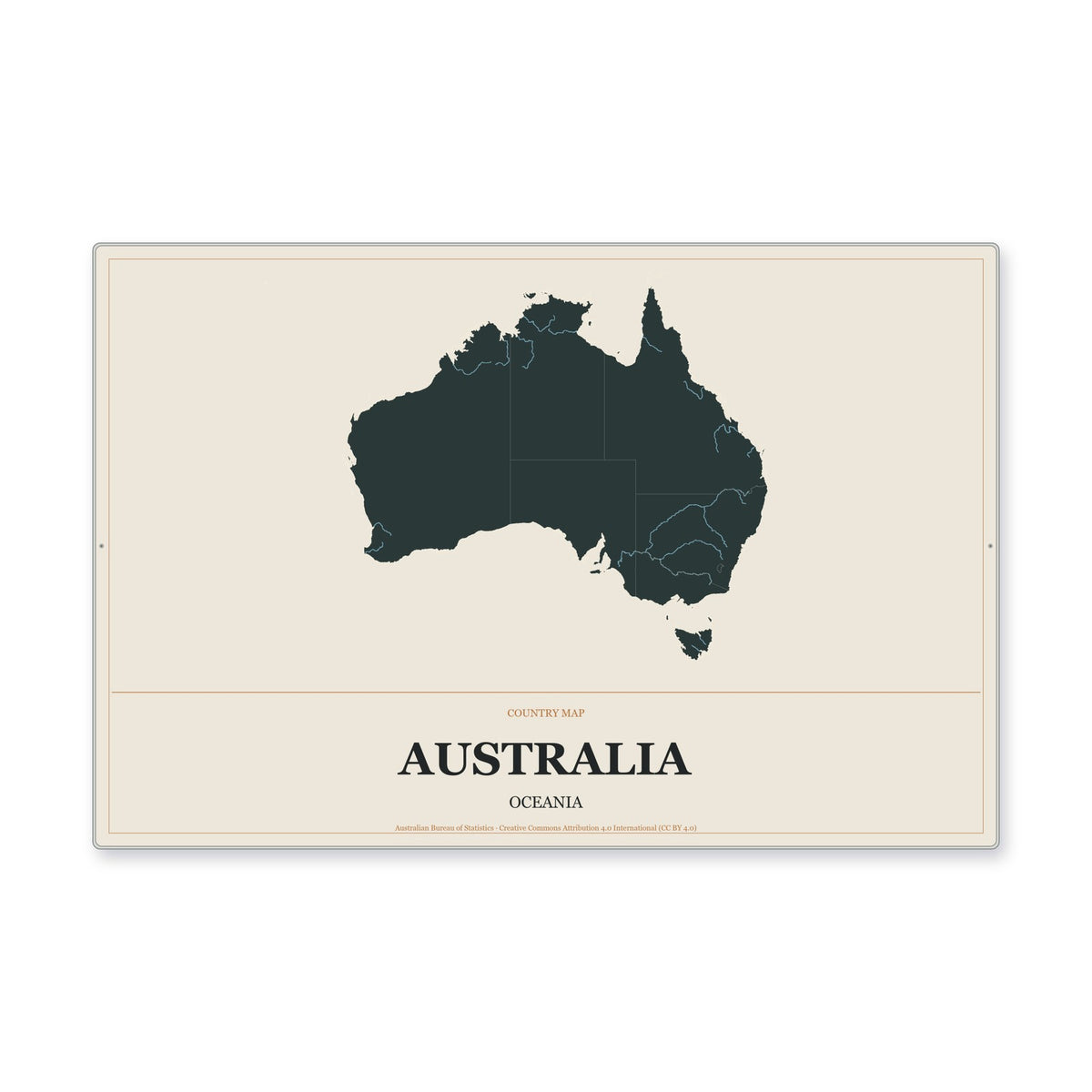 Australia Country Map Aluminum Sign in Headline Atlas style