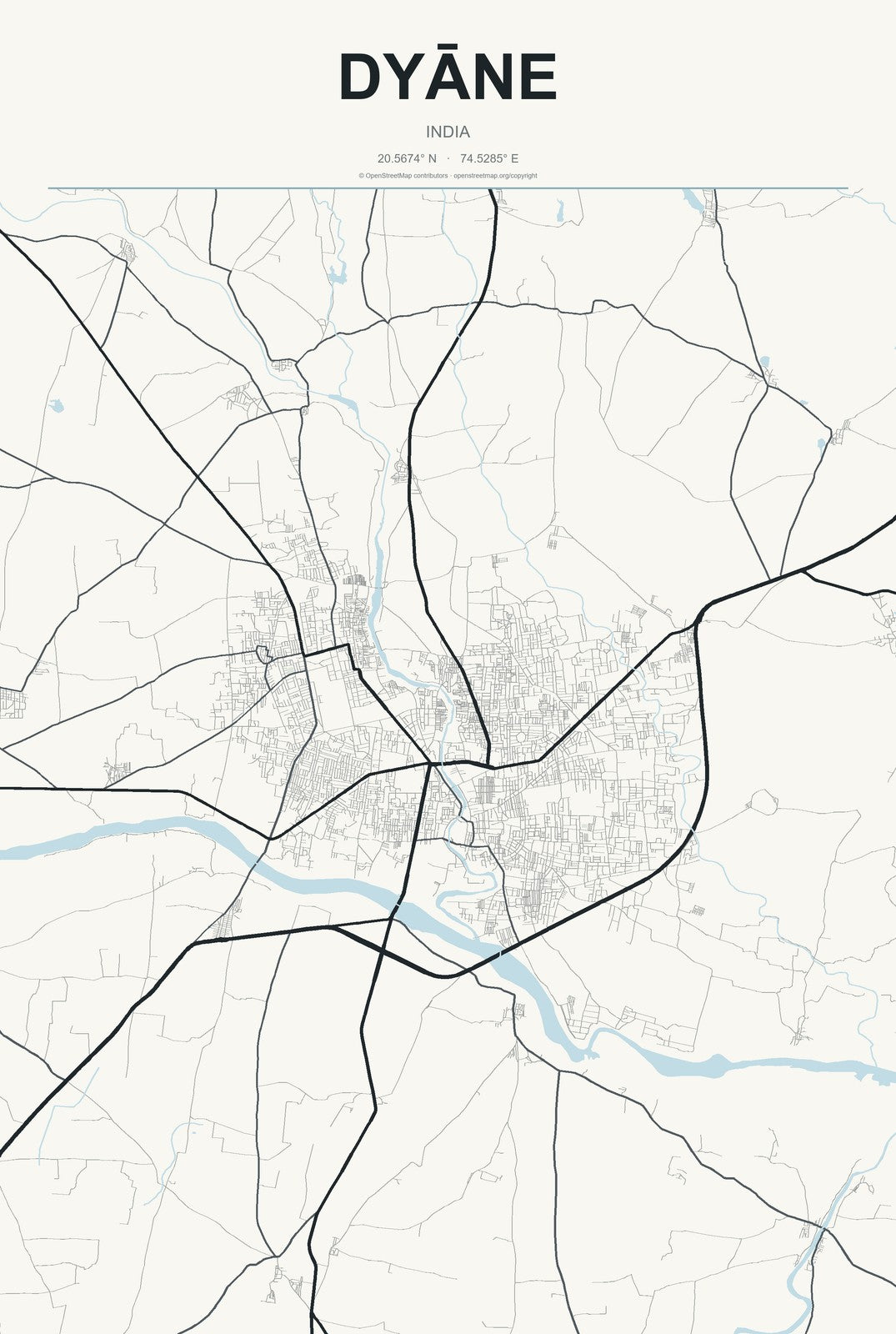 Dyāne, India City Map Aluminum Sign in Headline Atlas style