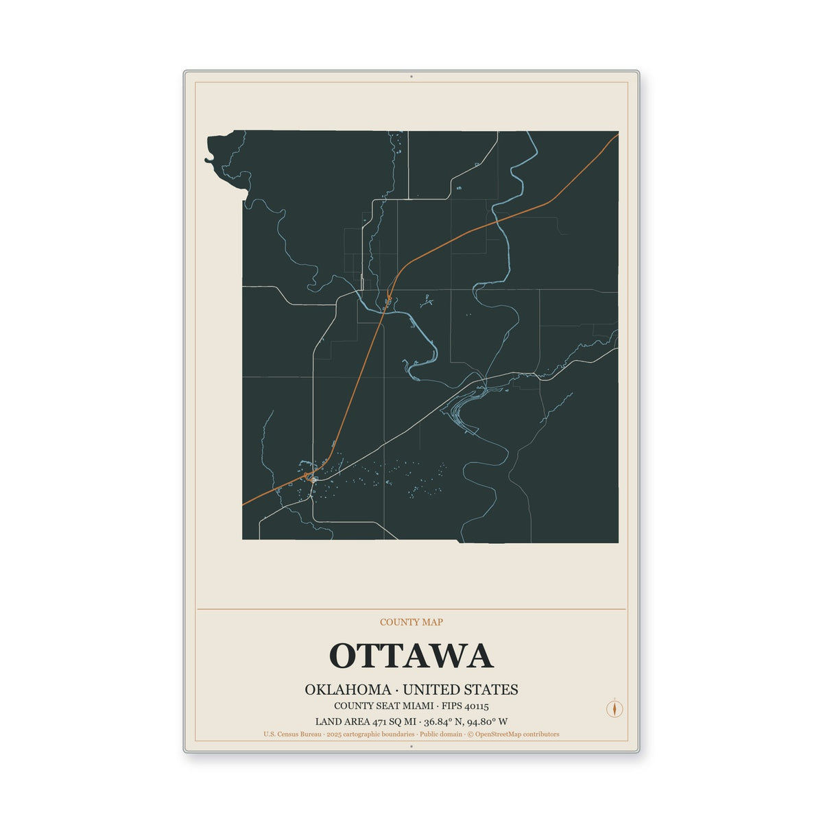 Ottawa County, Oklahoma Map Aluminum Sign in Headline Atlas style