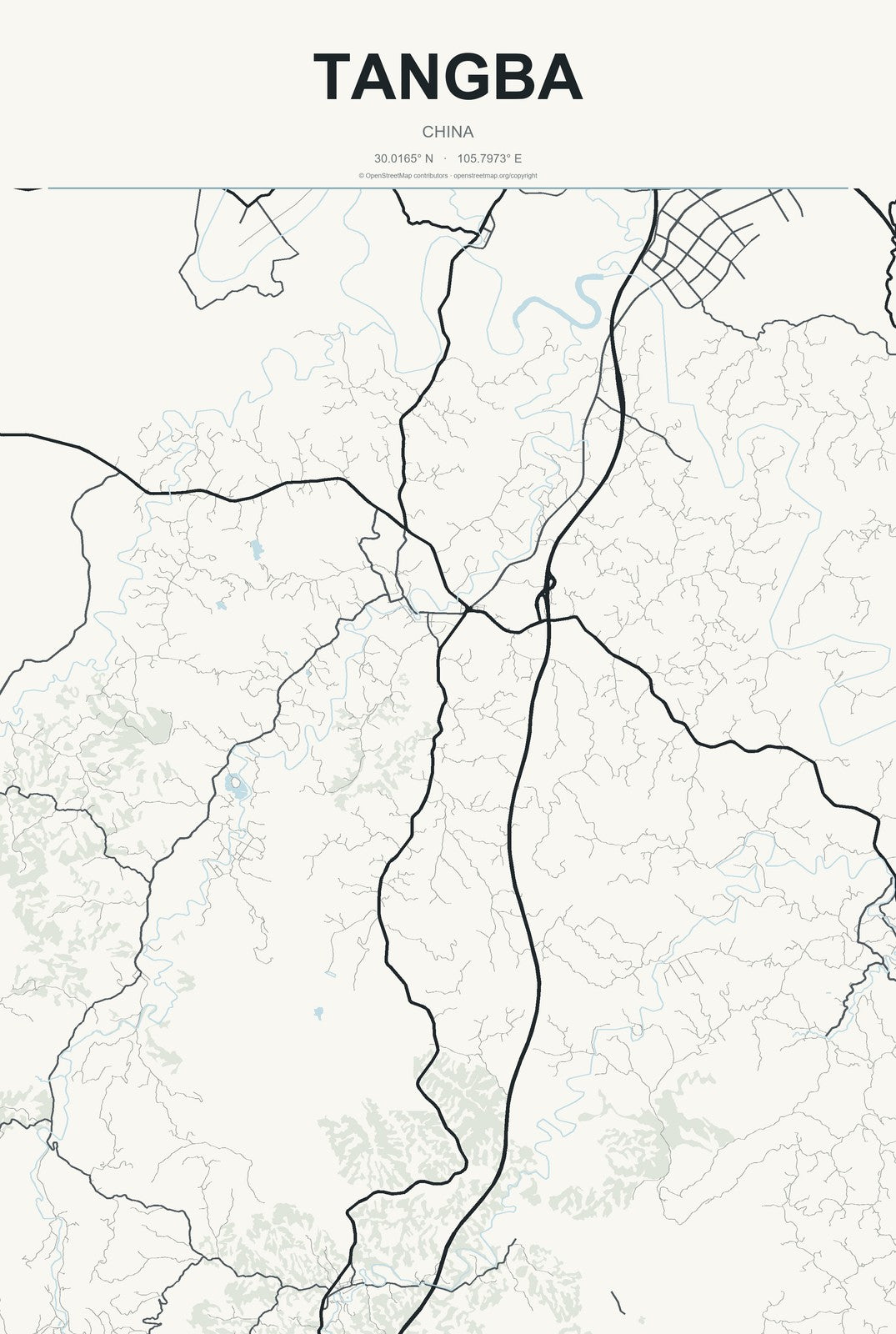 Tangba, China City Map Aluminum Sign in Headline Atlas style