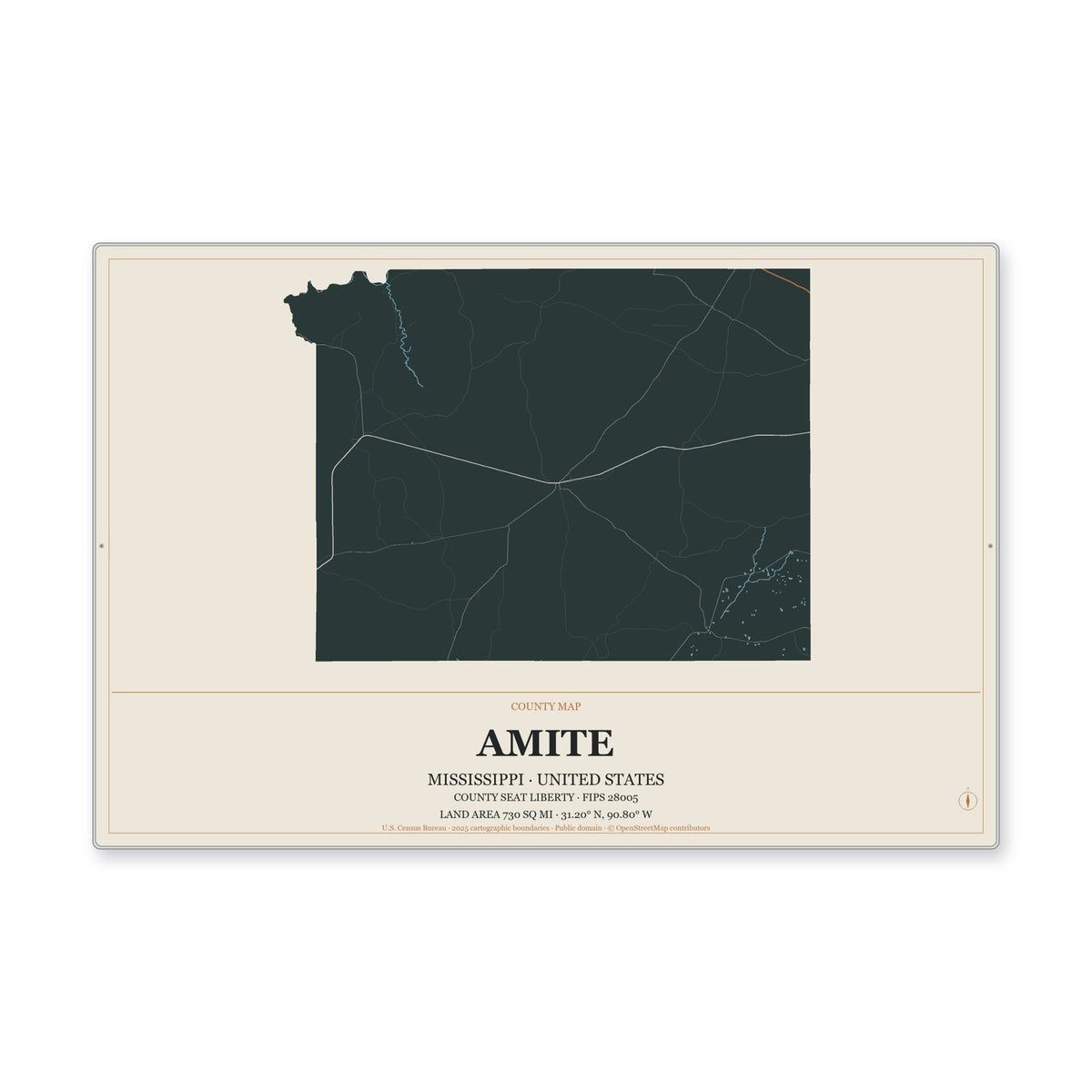 Amite County, Mississippi Map Aluminum Sign in Headline Atlas style