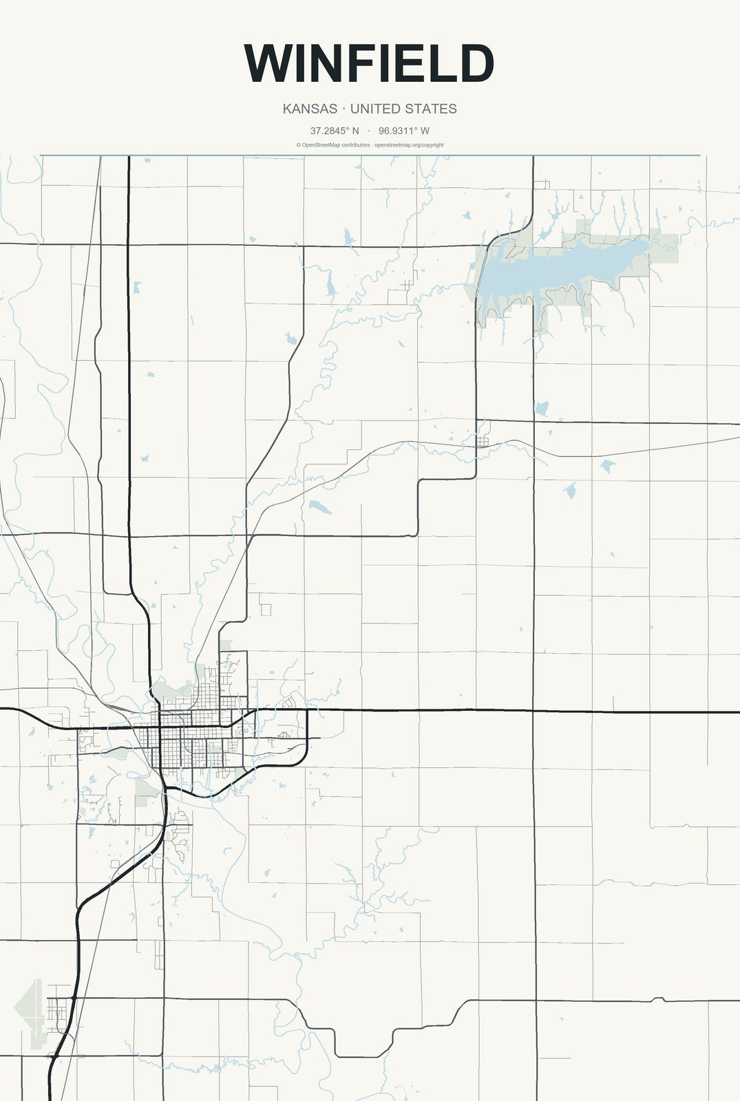 Winfield, Kansas City Map Aluminum Sign in Headline Atlas style