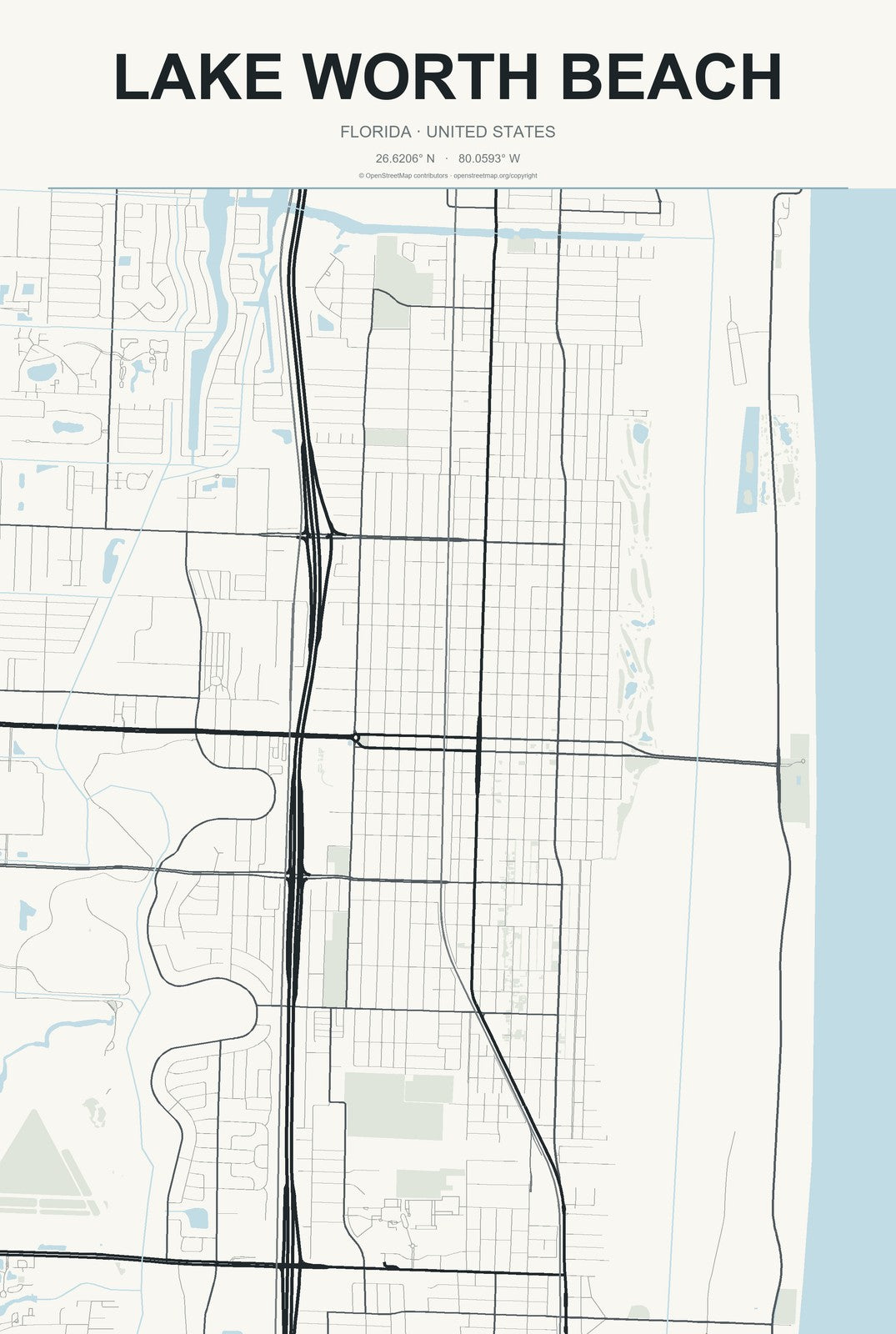 Lake Worth Beach, Florida City Map Aluminum Sign in Headline Atlas style