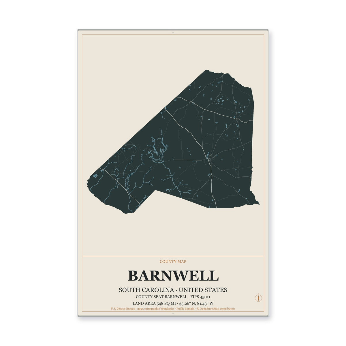 Barnwell County, South Carolina Map Aluminum Sign in Headline Atlas style