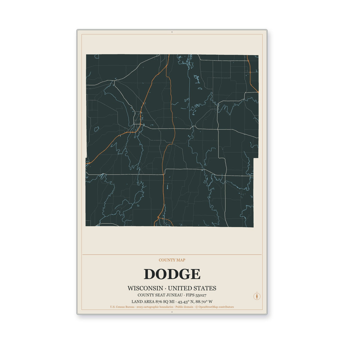 Dodge County, Wisconsin Map Aluminum Sign in Headline Atlas style