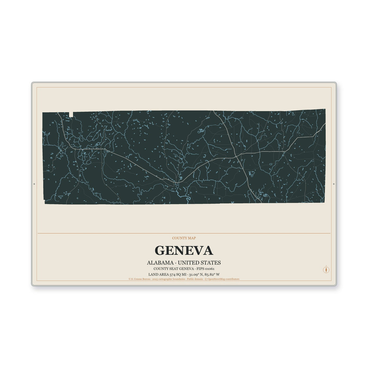 Geneva County, Alabama Map Aluminum Sign in Headline Atlas style