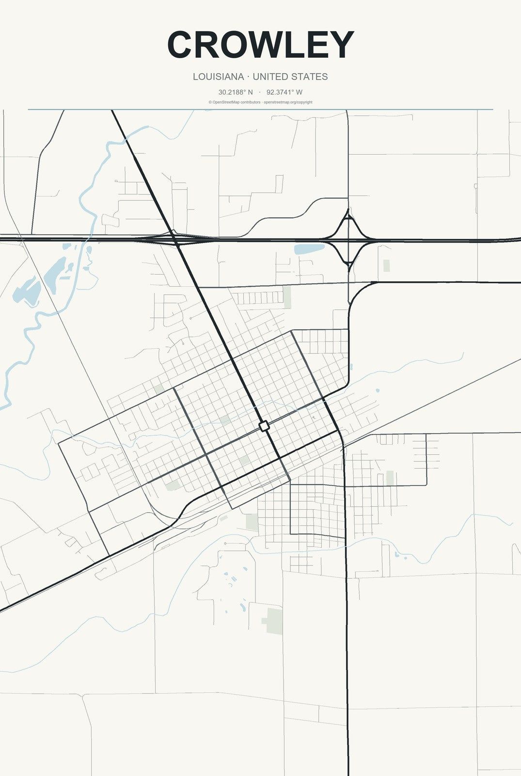 Crowley, Louisiana City Map Aluminum Sign in Headline Atlas style