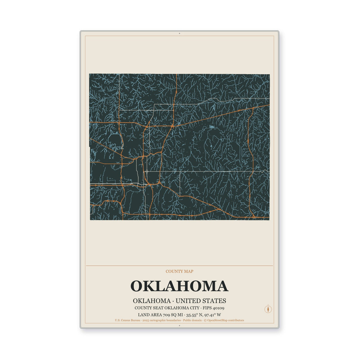 Oklahoma County, Oklahoma Map Aluminum Sign in Headline Atlas style