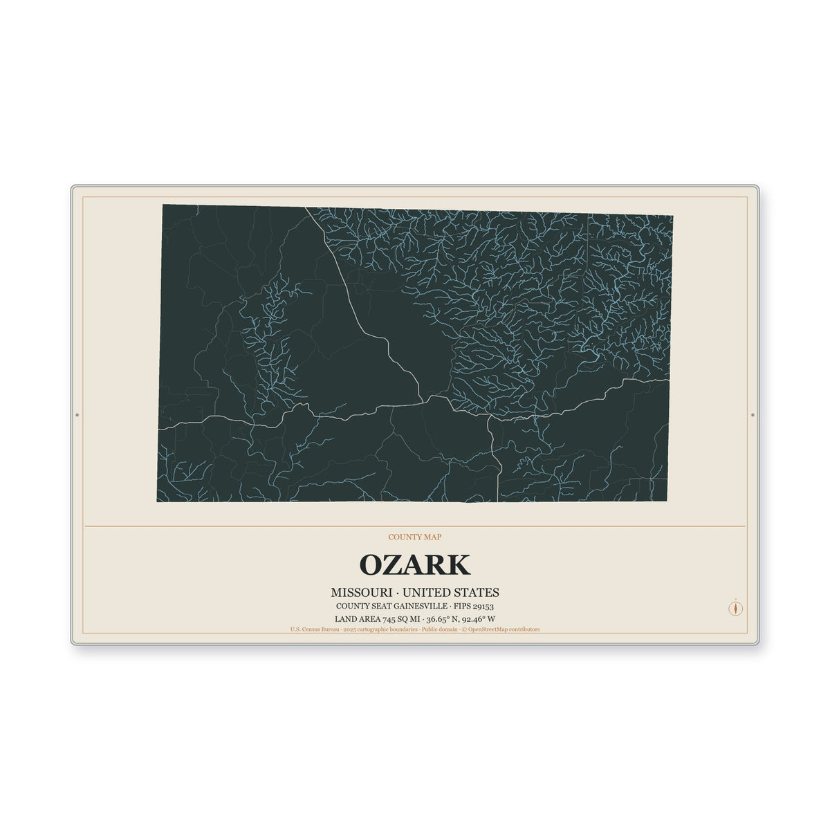 Ozark County, Missouri Map Aluminum Sign in Headline Atlas style