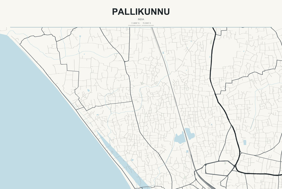Pallikunnu, India City Map Aluminum Sign in Headline Atlas style