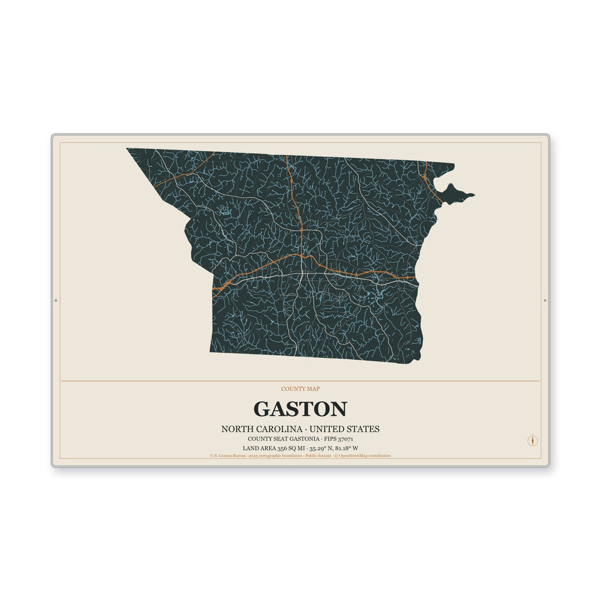 Gaston County, North Carolina Map Aluminum Sign in Headline Atlas style