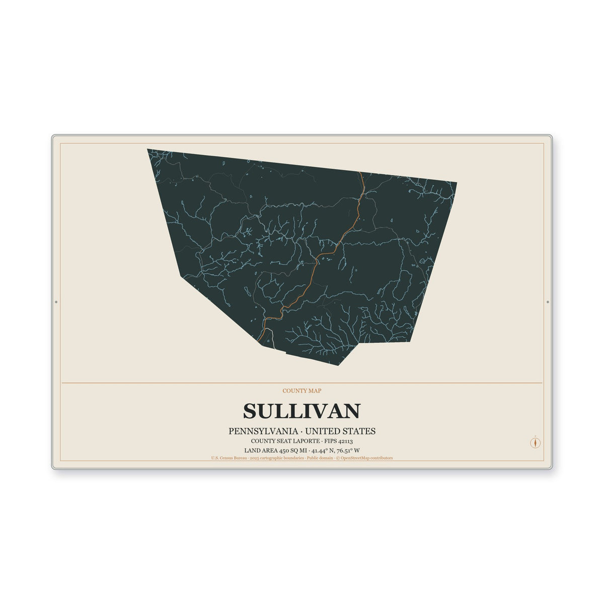 Sullivan County, Pennsylvania Map Aluminum Sign in Headline Atlas style