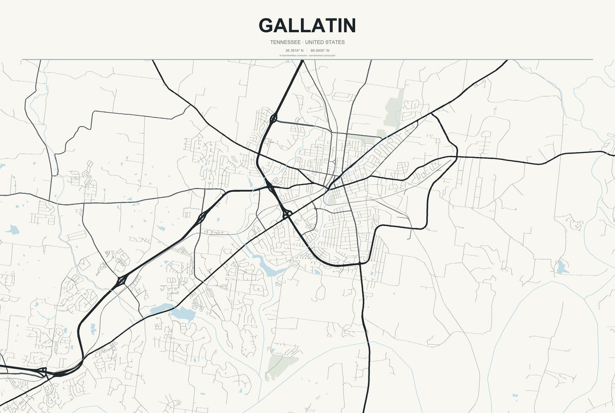 Gallatin, Tennessee City Map Aluminum Sign in Headline Atlas style