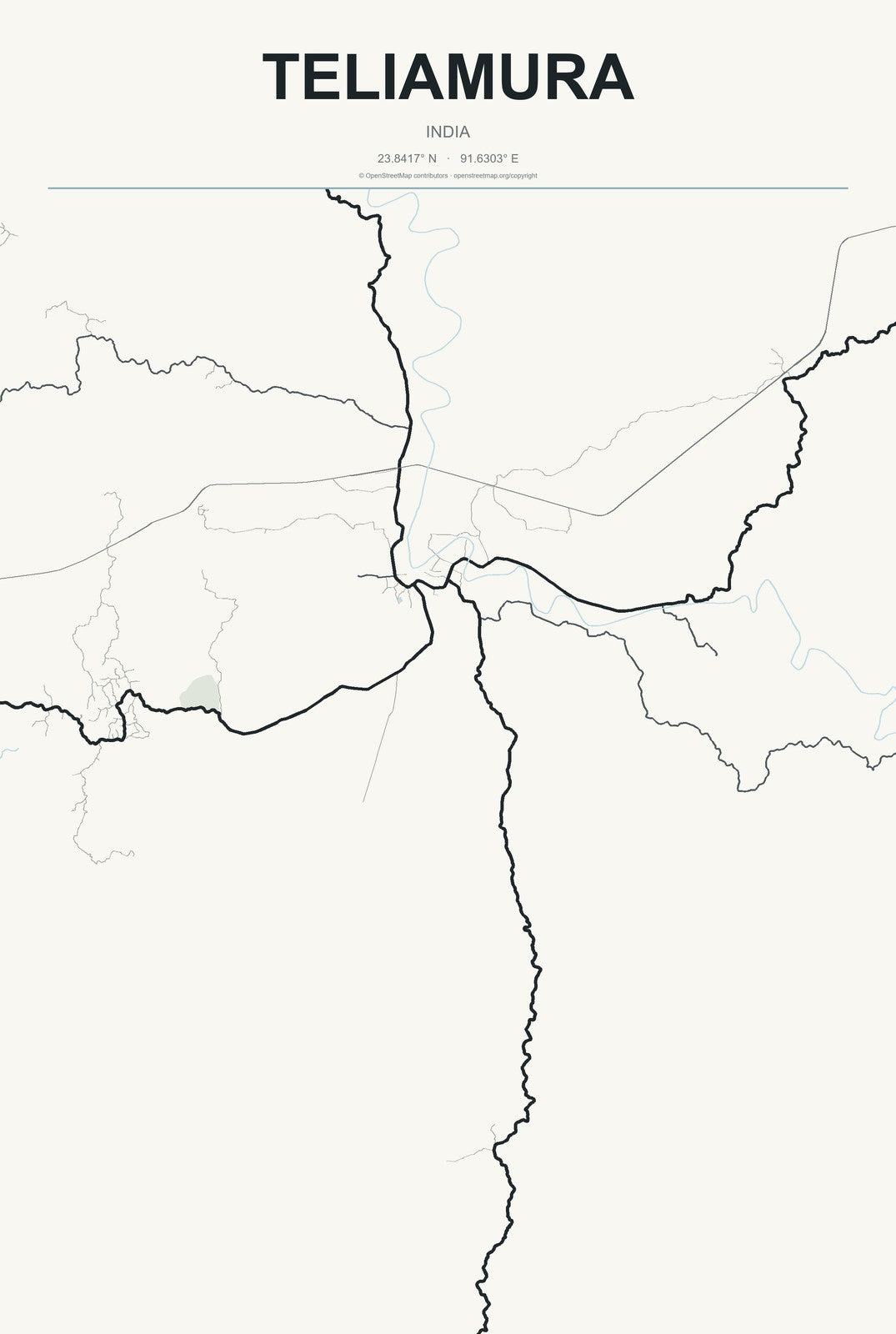 Teliamura, India City Map Aluminum Sign in Headline Atlas style
