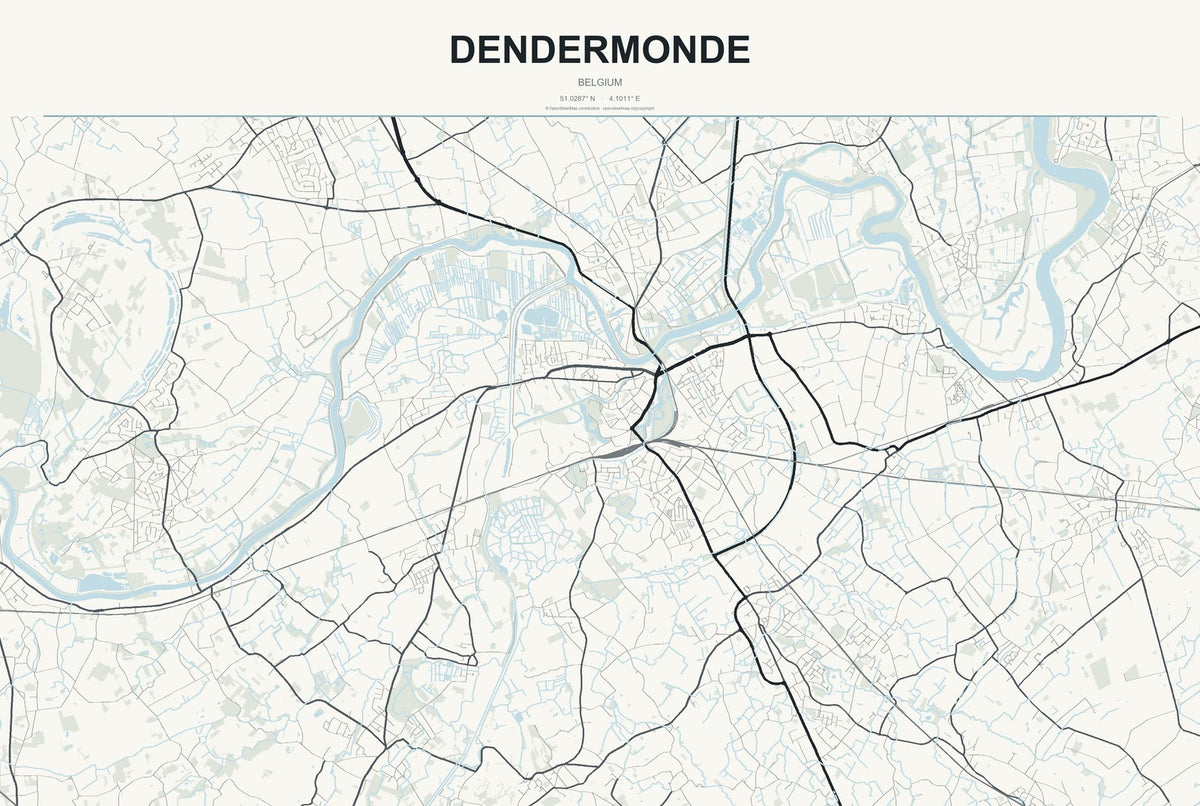 Dendermonde, Belgium City Map Aluminum Sign in Headline Atlas style