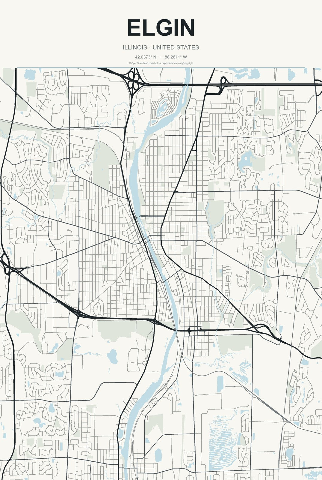 Elgin, Illinois City Map Aluminum Sign in Headline Atlas style
