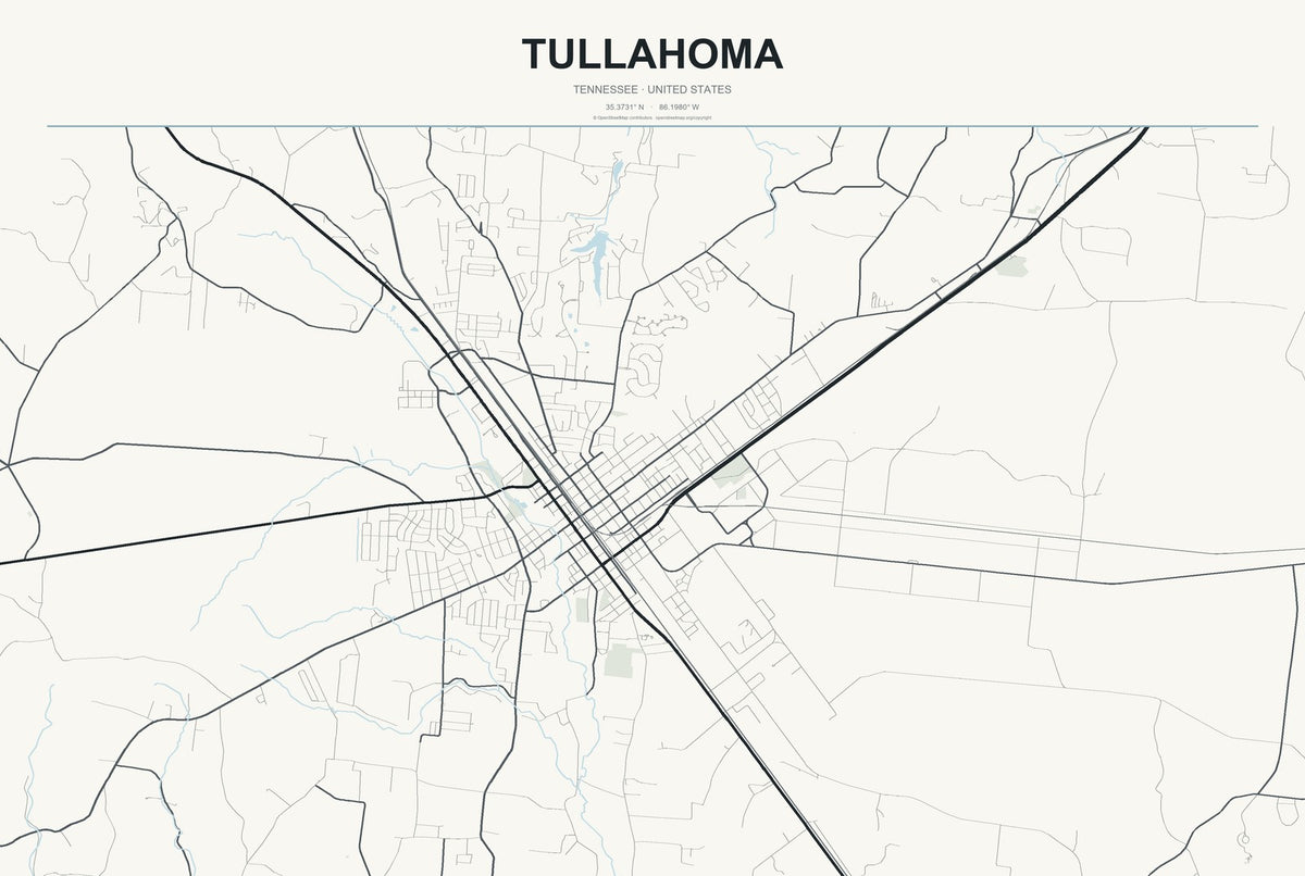 Tullahoma, Tennessee City Map Aluminum Sign in Headline Atlas style