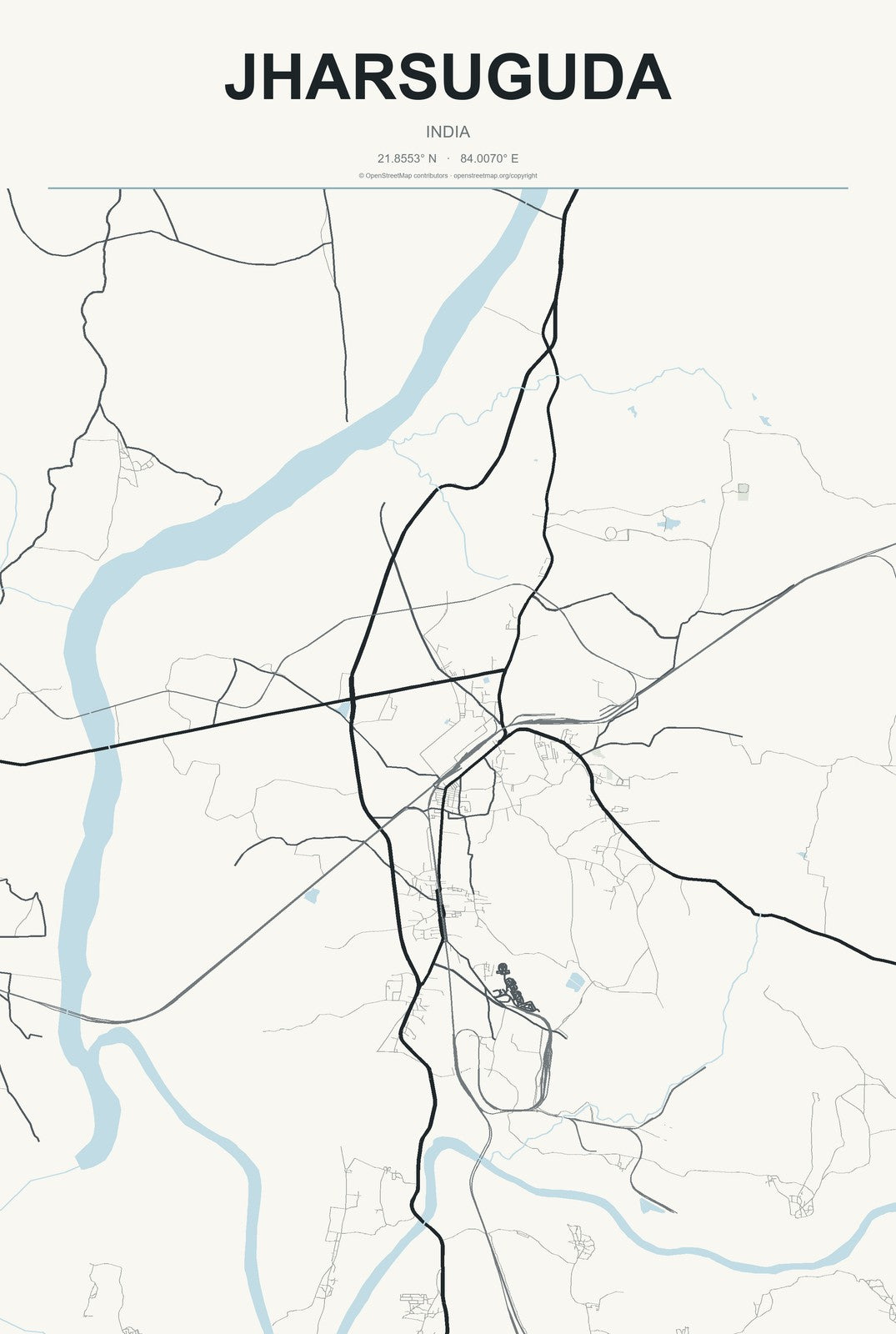 Jharsuguda, India City Map Aluminum Sign in Headline Atlas style