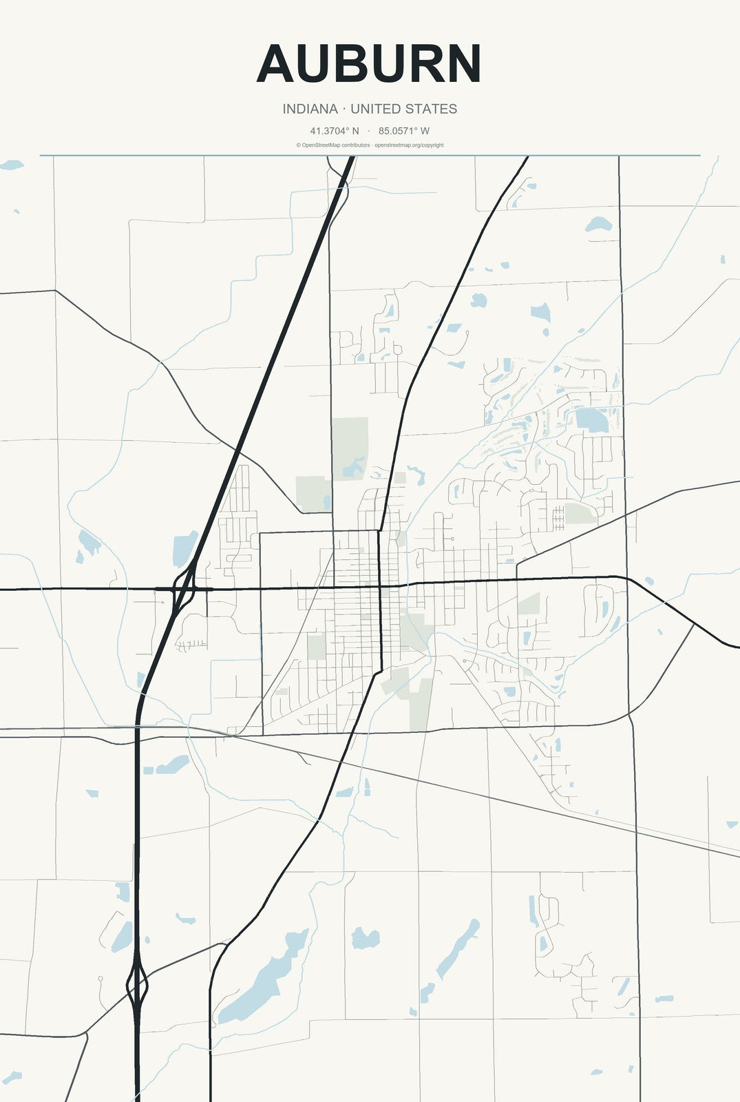 Auburn, Indiana City Map Aluminum Sign in Headline Atlas style