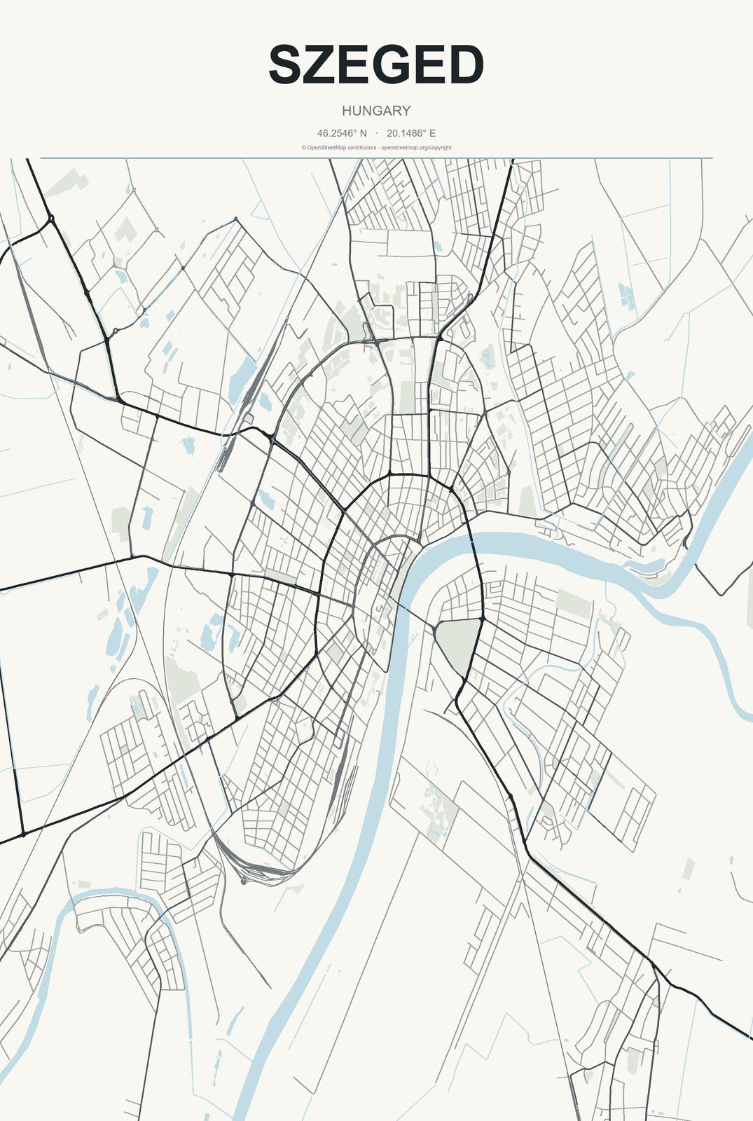 Szeged, Hungary City Map Aluminum Sign in Headline Atlas style