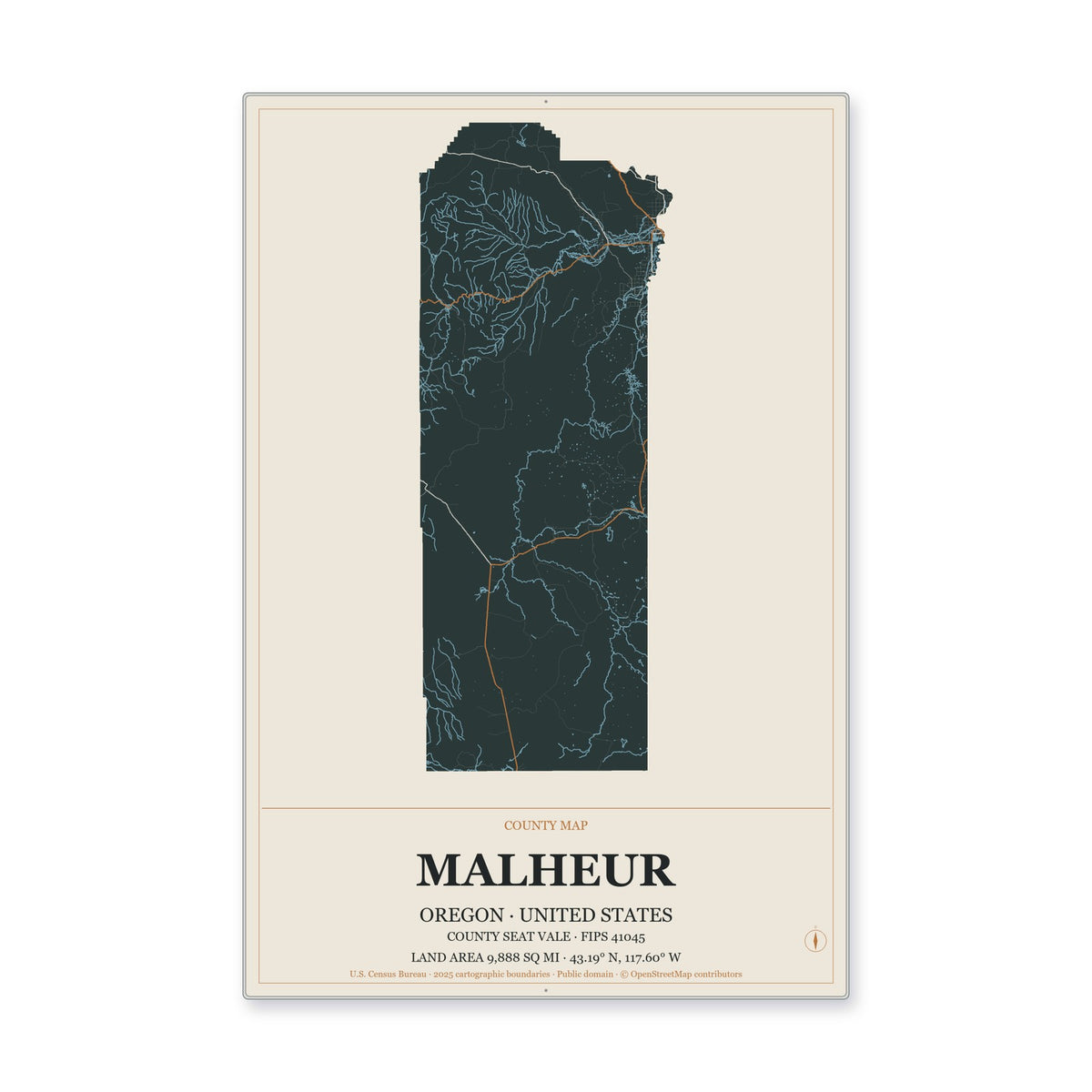Malheur County, Oregon Map Aluminum Sign in Headline Atlas style