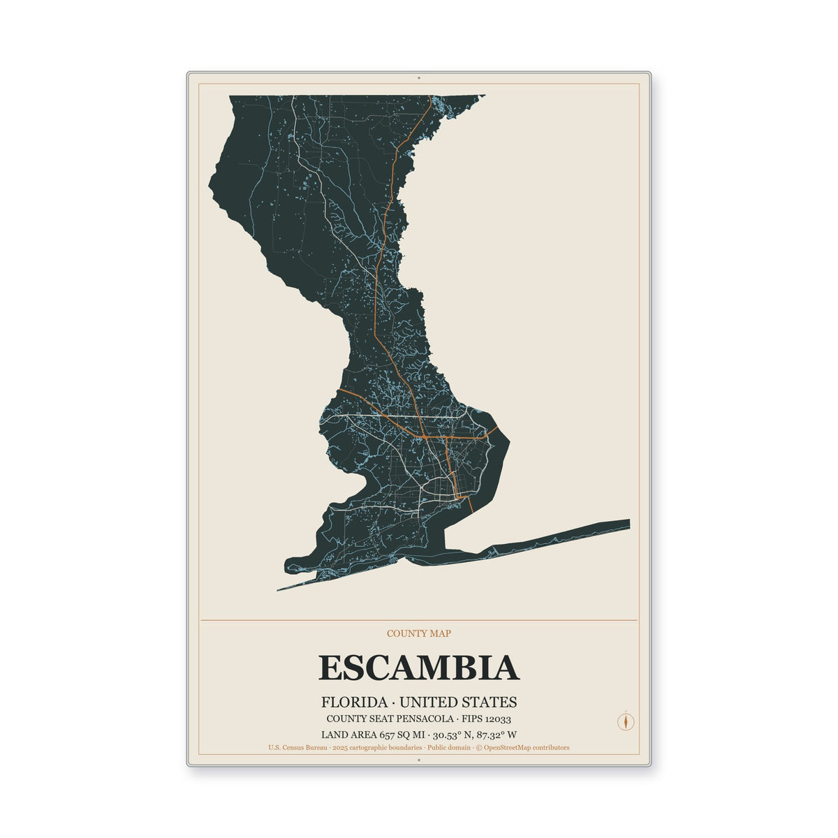Escambia County, Florida Map Aluminum Sign in Headline Atlas style