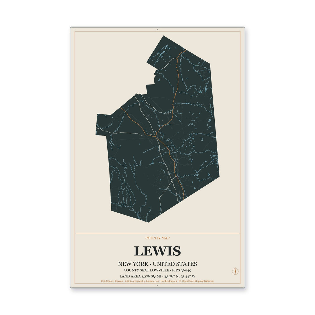 Lewis County, New York Map Aluminum Sign in Headline Atlas style
