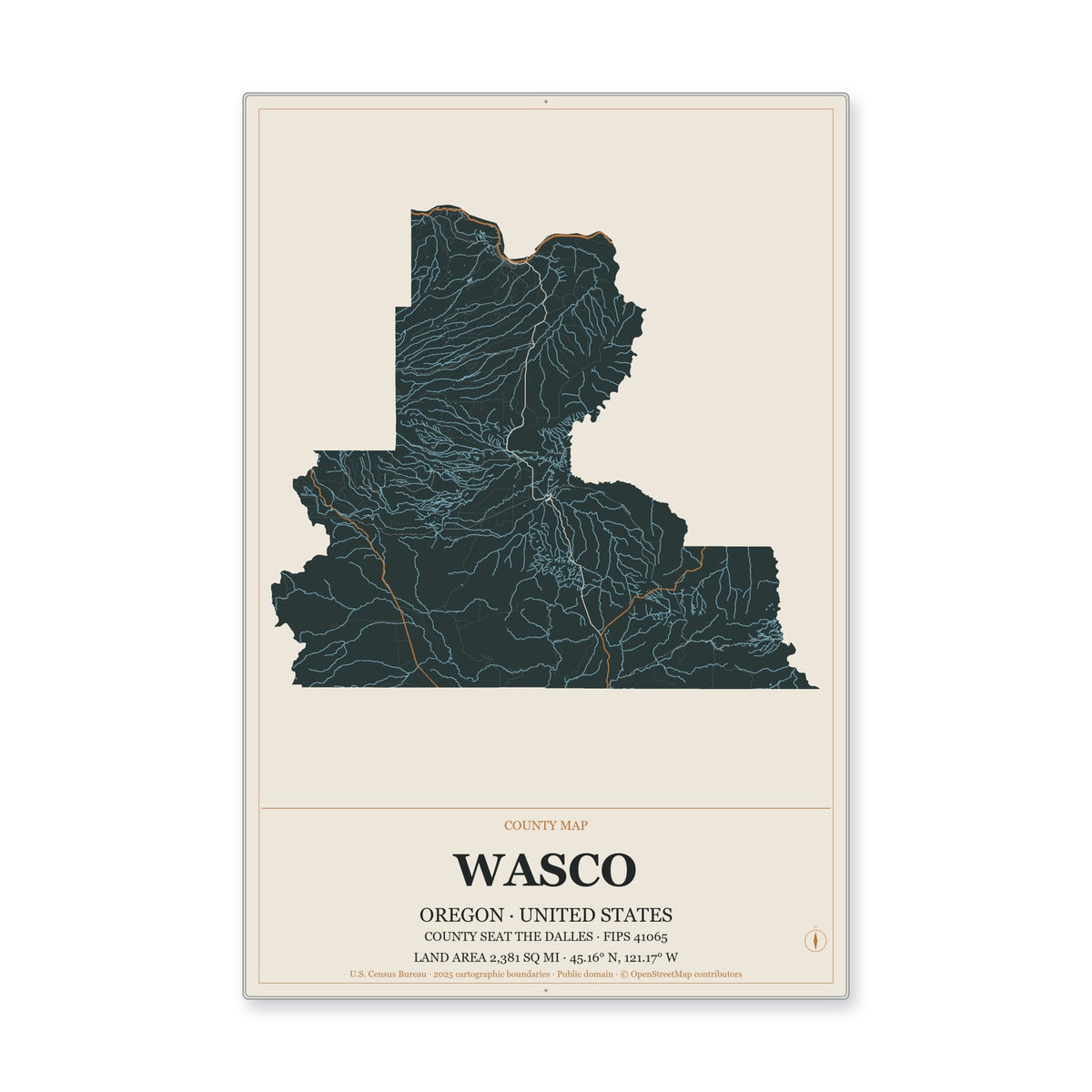 Wasco County, Oregon Map Aluminum Sign in Headline Atlas style