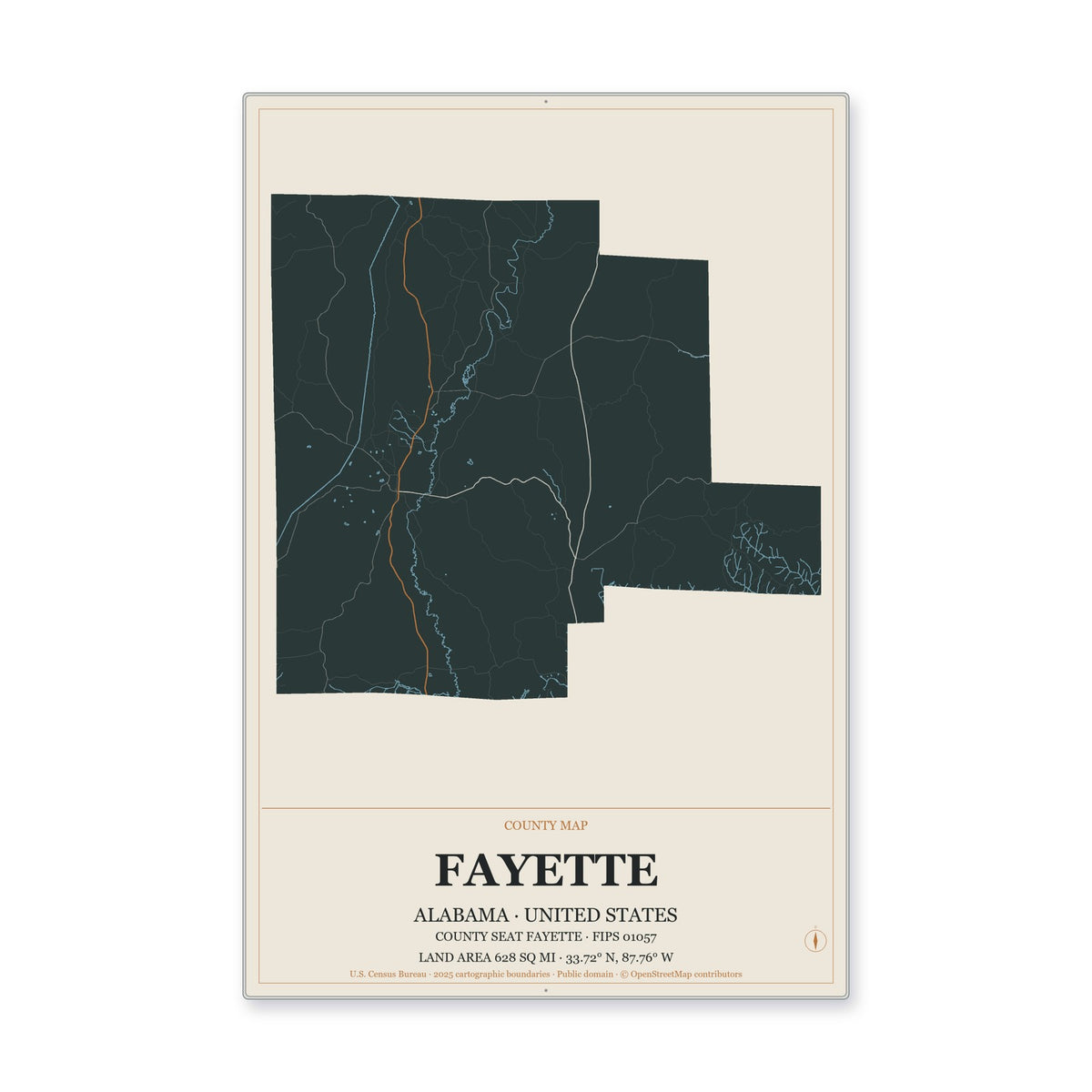 Fayette County, Alabama Map Aluminum Sign in Headline Atlas style
