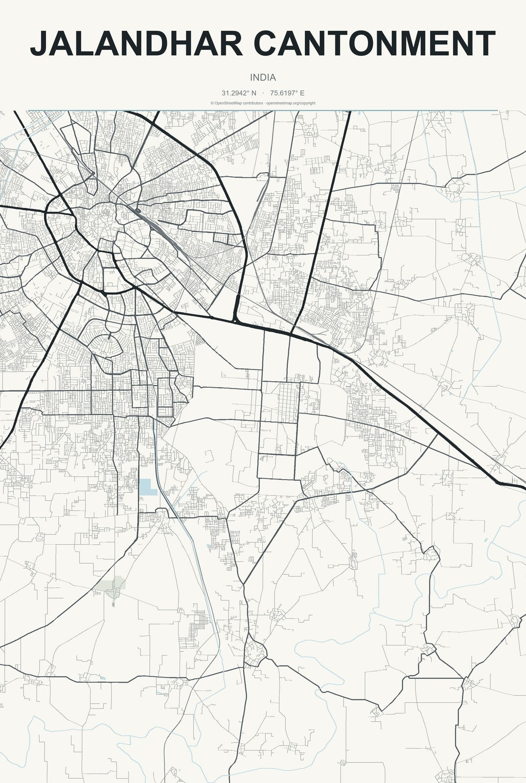 Jalandhar Cantonment, India City Map Aluminum Sign in Headline Atlas style