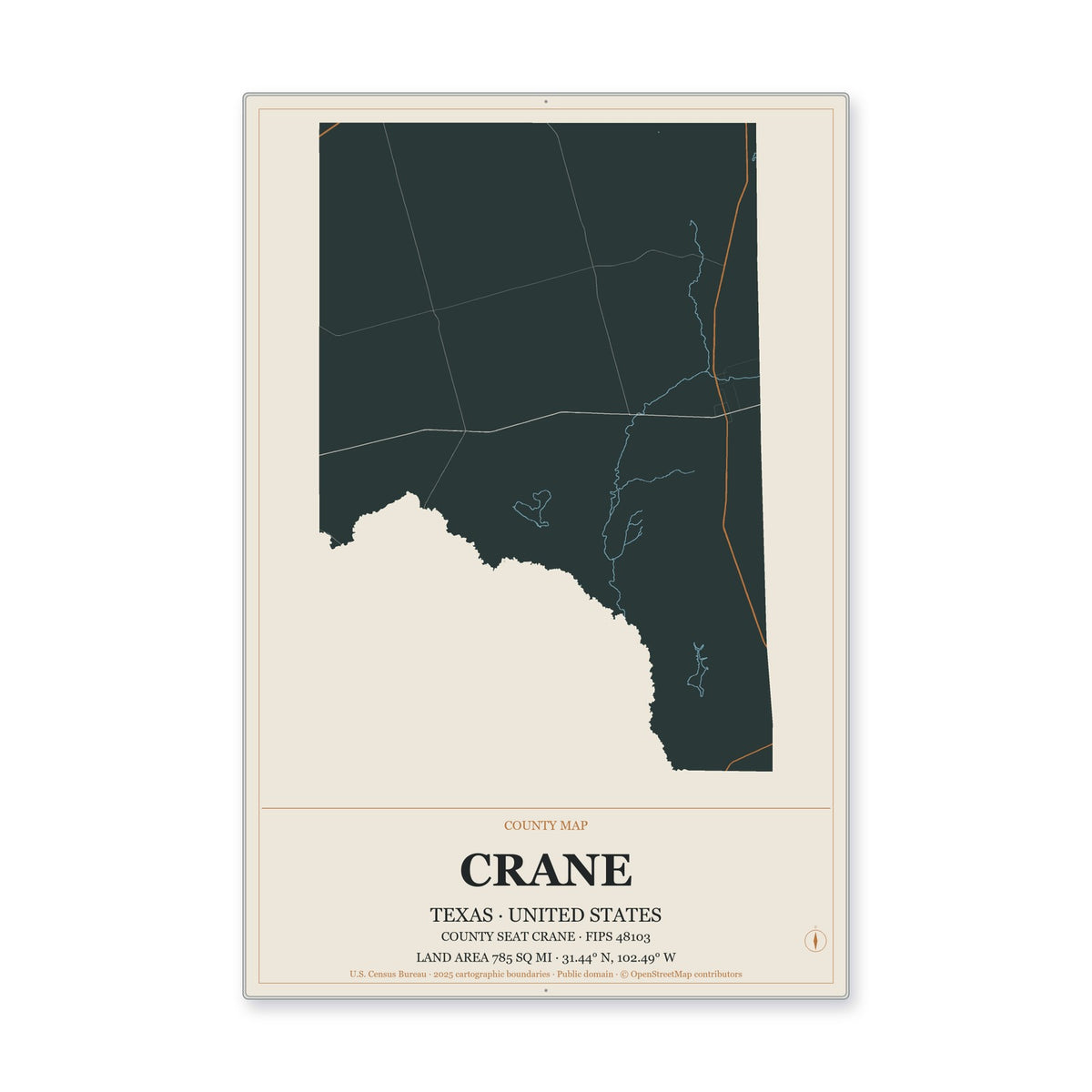 Crane County, Texas Map Aluminum Sign in Headline Atlas style