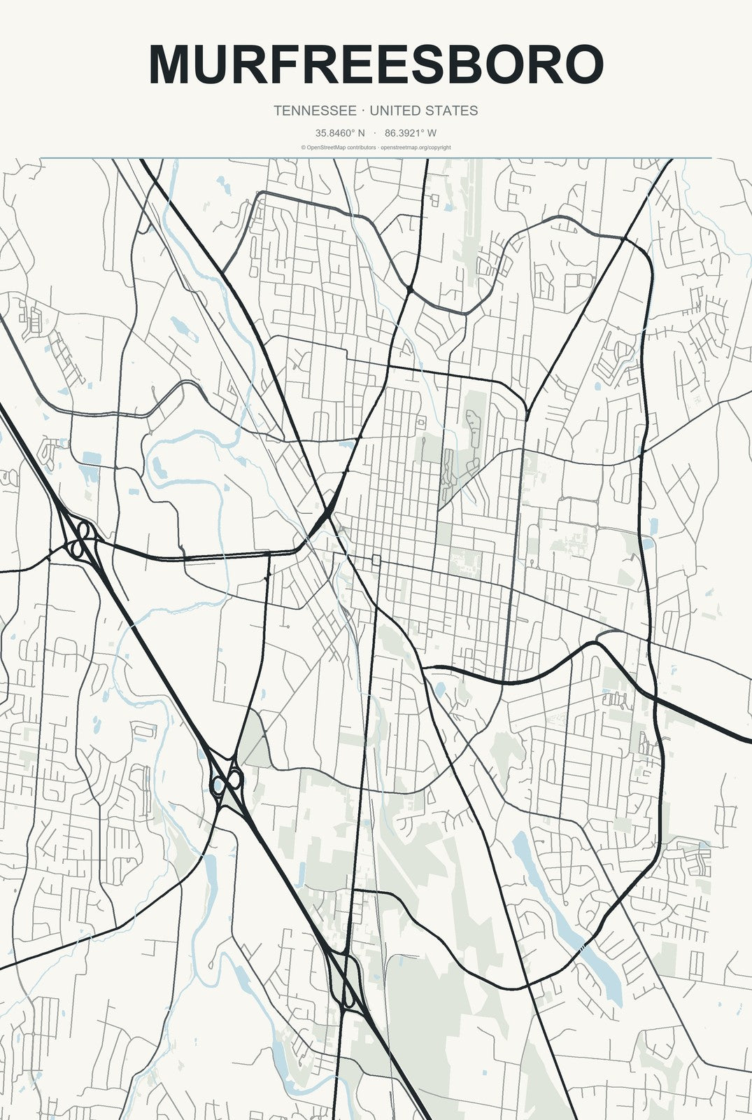 Murfreesboro, Tennessee City Map Aluminum Sign in Headline Atlas style