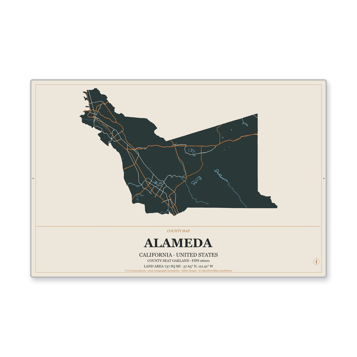 Alameda County, California Map Aluminum Sign in Headline Atlas style