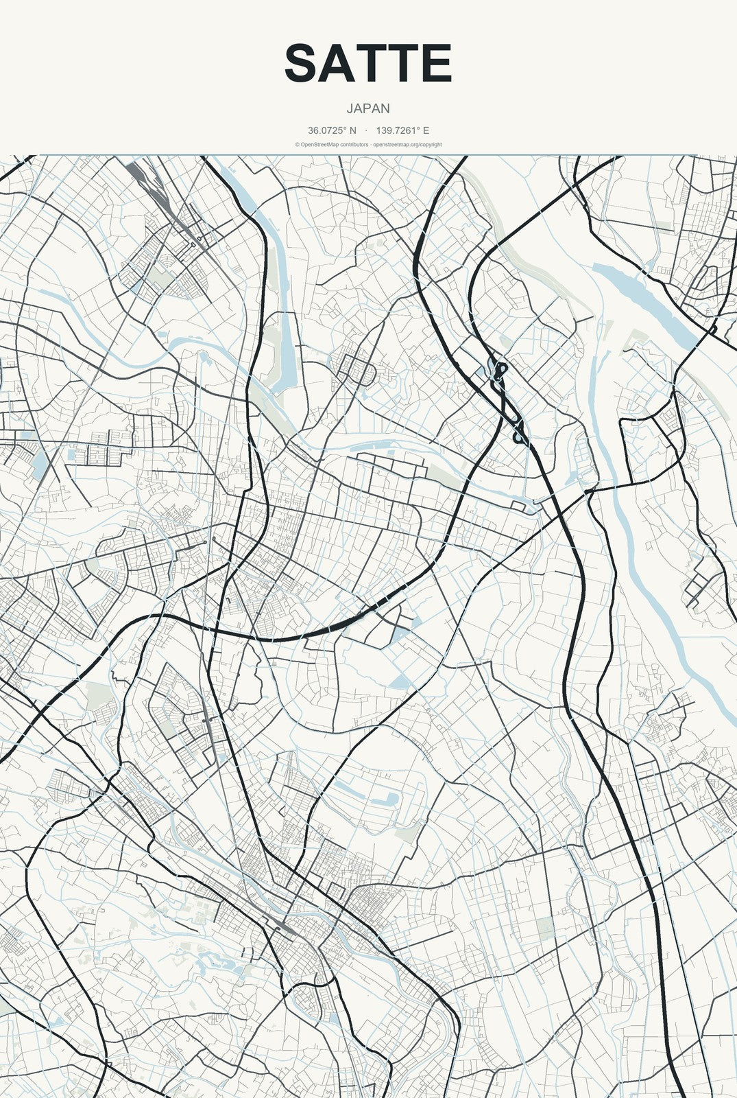 Satte, Japan City Map Aluminum Sign in Headline Atlas style